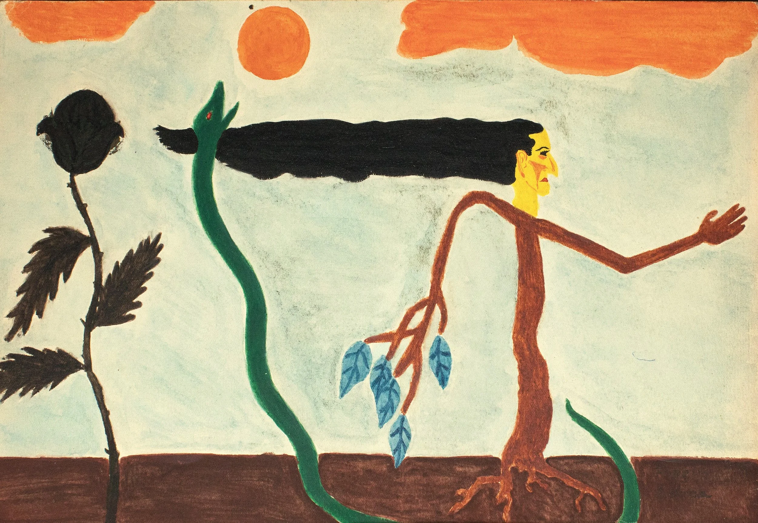 Pastel drawing by Czech artist Zdenek Kriz, entitled Running Tree, featuring a tree with man's head running to the right edge of the drawing.