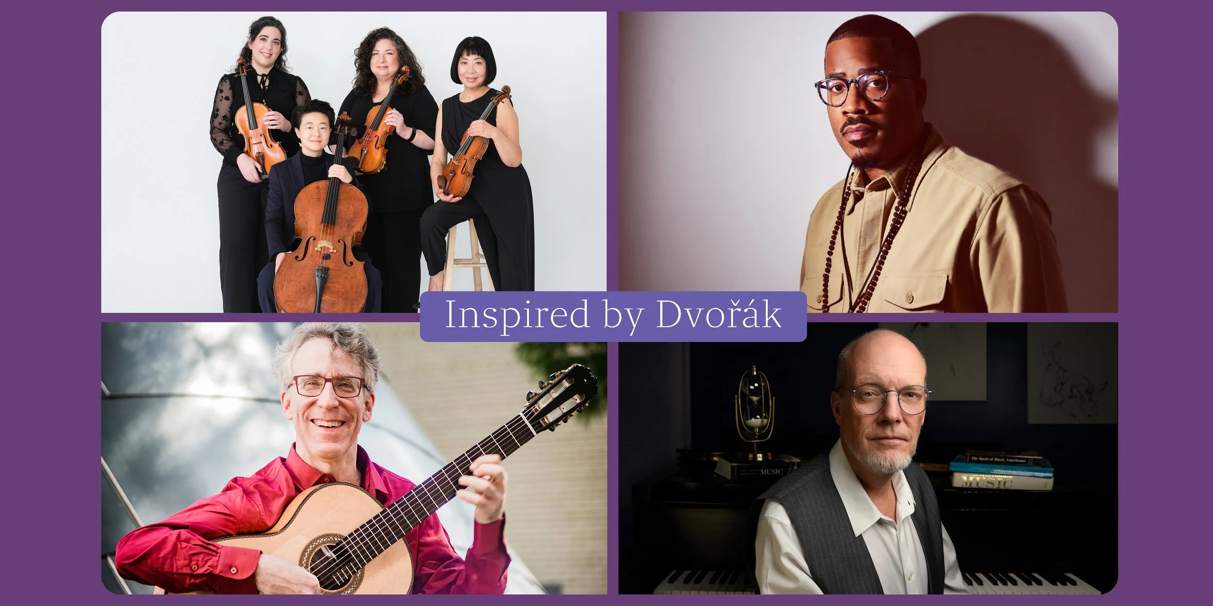 Illustrative. Headshots of musicians and the composer participating at the event "Inspired by Dvorak."