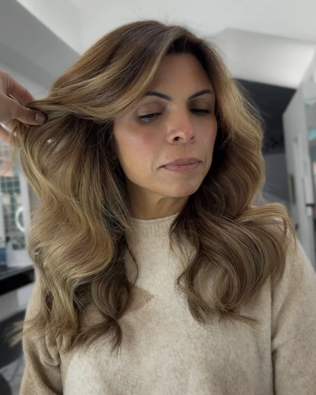 Keratin bond k-tip hair extension with warm balayage at Bellibone Salon in Maywood, NJ, Bergen County, NJ