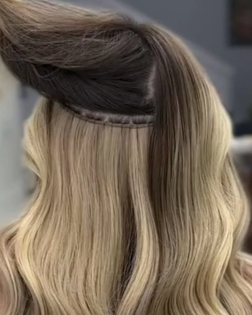 Hand-tied weft extension performed by Bellibone Salon in Bergen County, NJ close-up.
