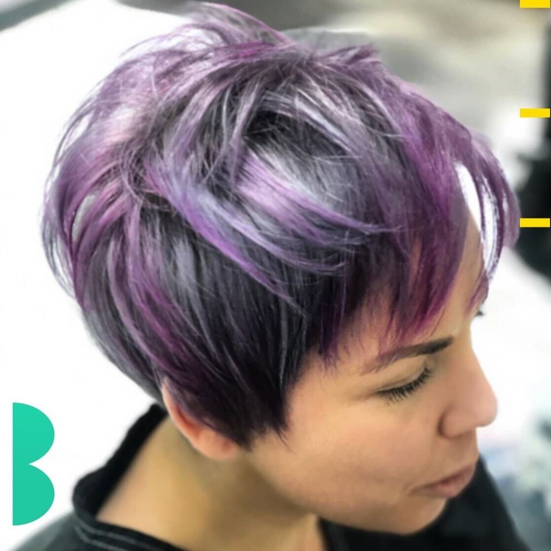 Purple creative, vivid, fantasy color used to blend gray hair at Bellibone Salon in Maywood, NJ.