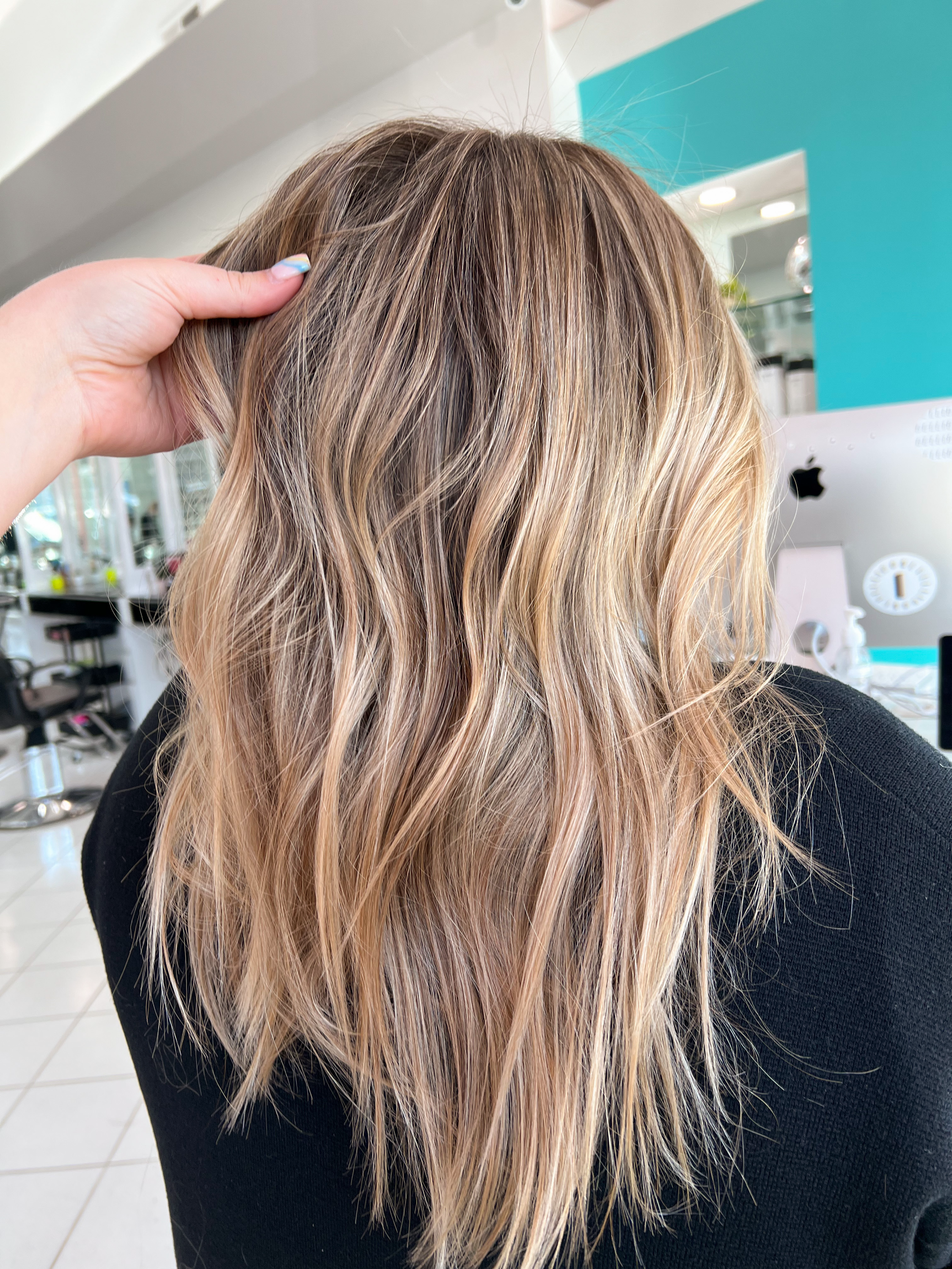 Foilayage bright balayage lived-in color at Bellibone Salon in Bergen County, NJ.