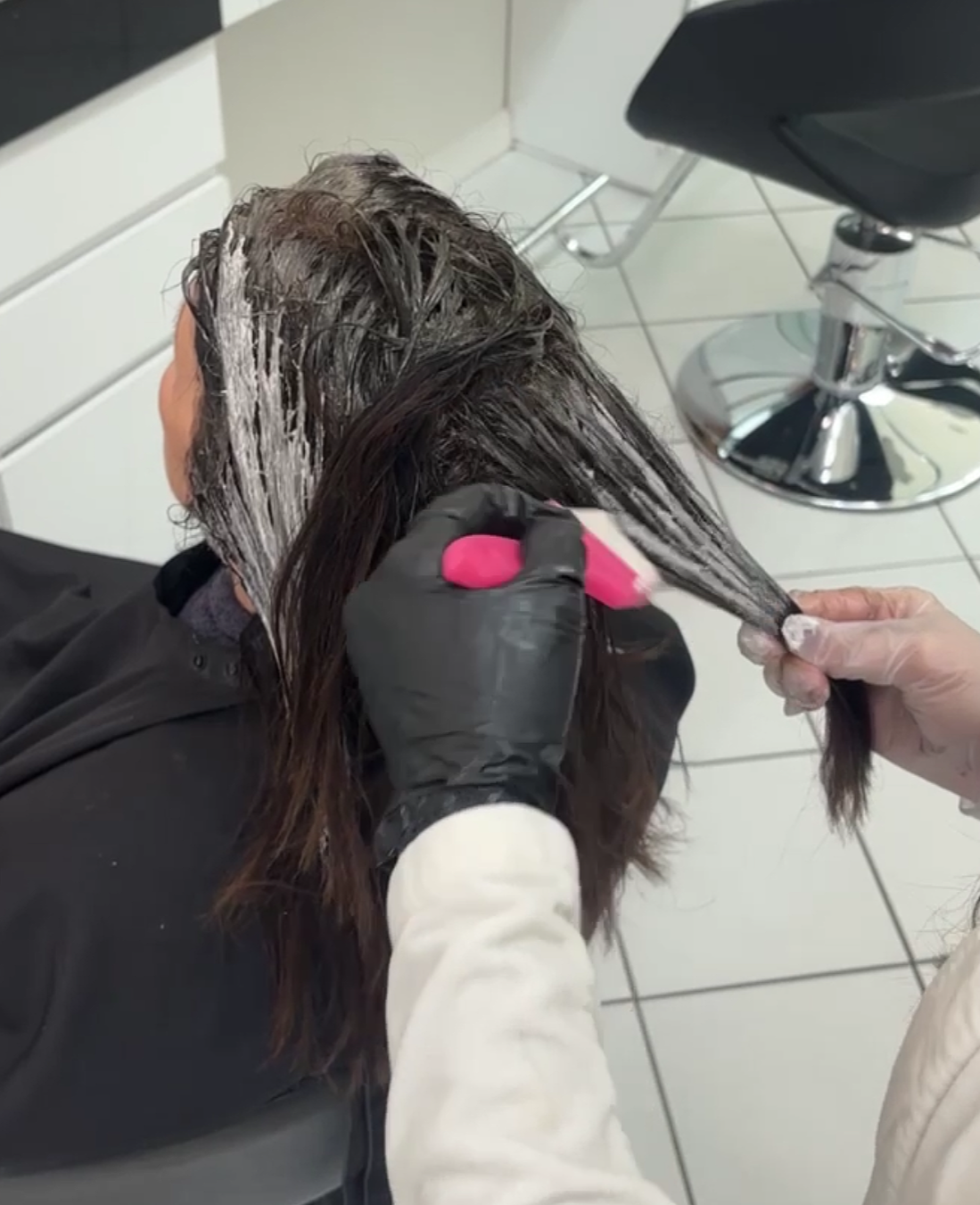 Gray coverage and hand painted balayage application at Bellibone Salon in Maywood, NJ