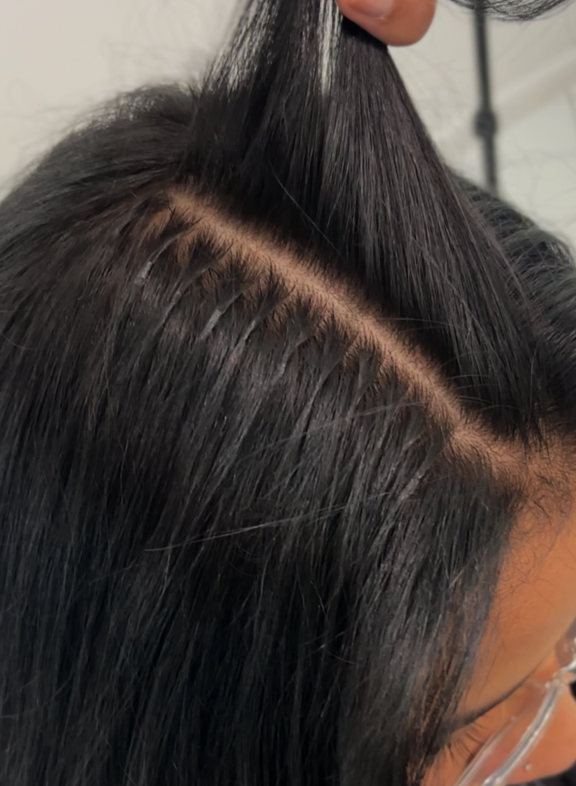 Luxury k-tip hair extension install in Maywood, NJ close-up.