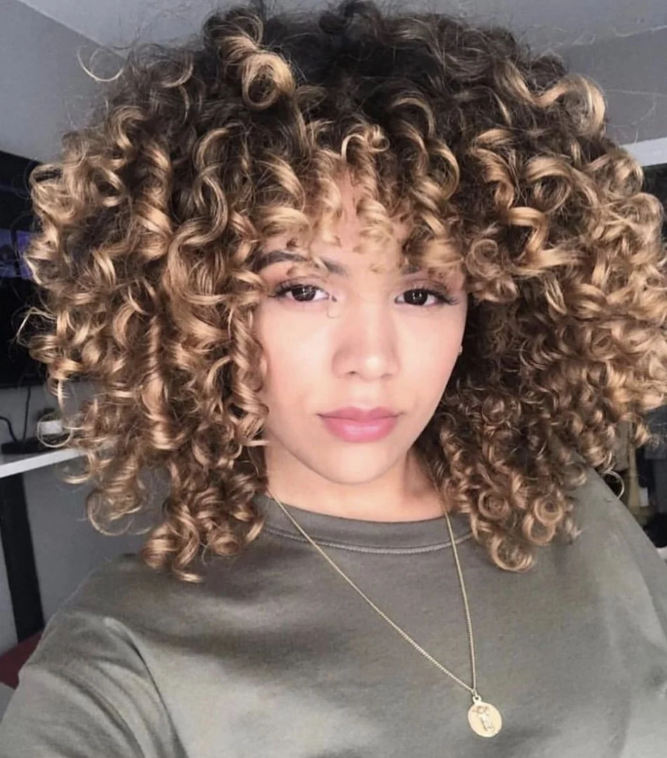Golden balayage curly haircut by curly hair specialist in Bergen County, NJ.