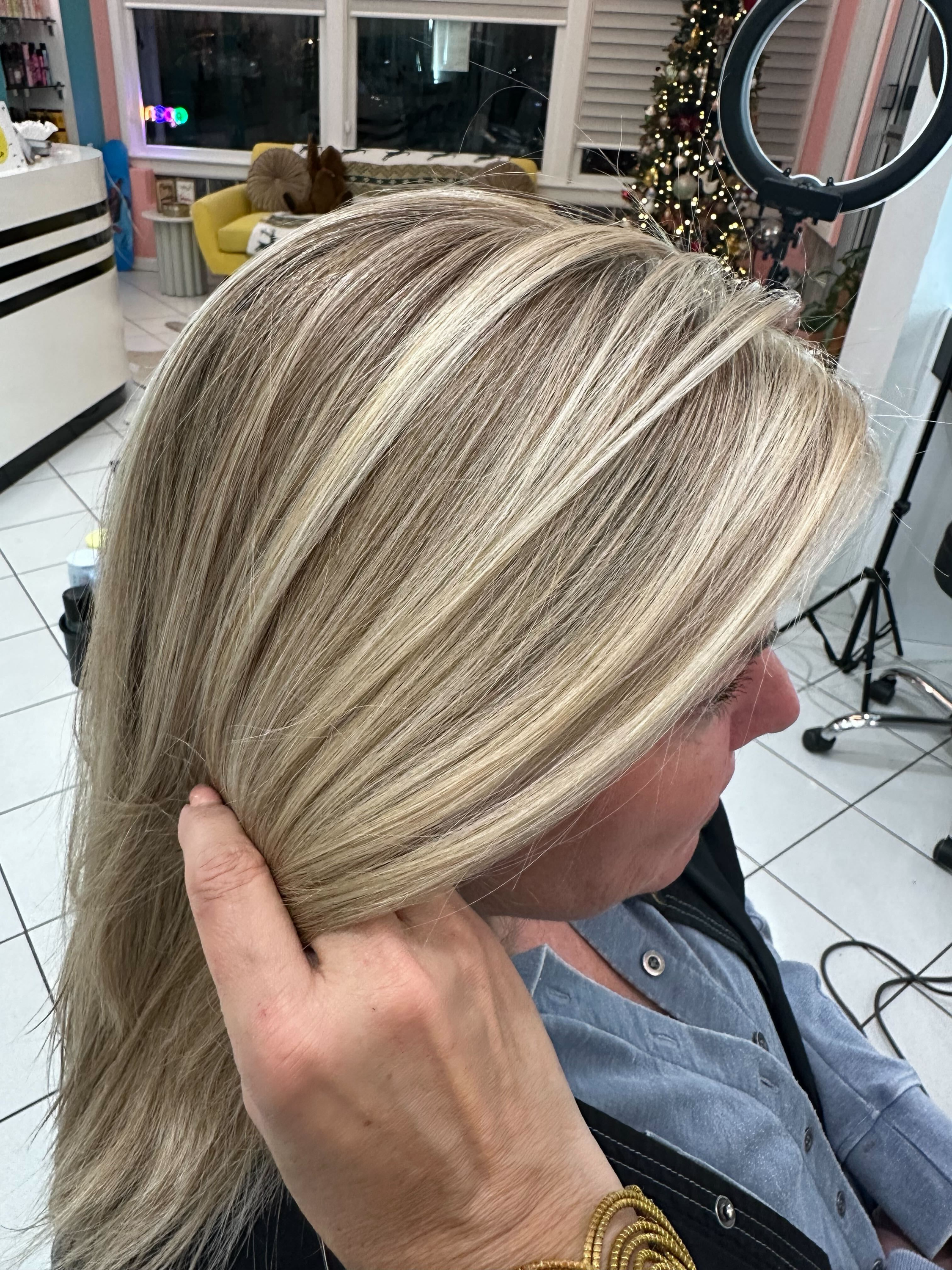 Blonde gray blending with natural dimension and soft growout in Bellibone Salon in Maywood, NJ.