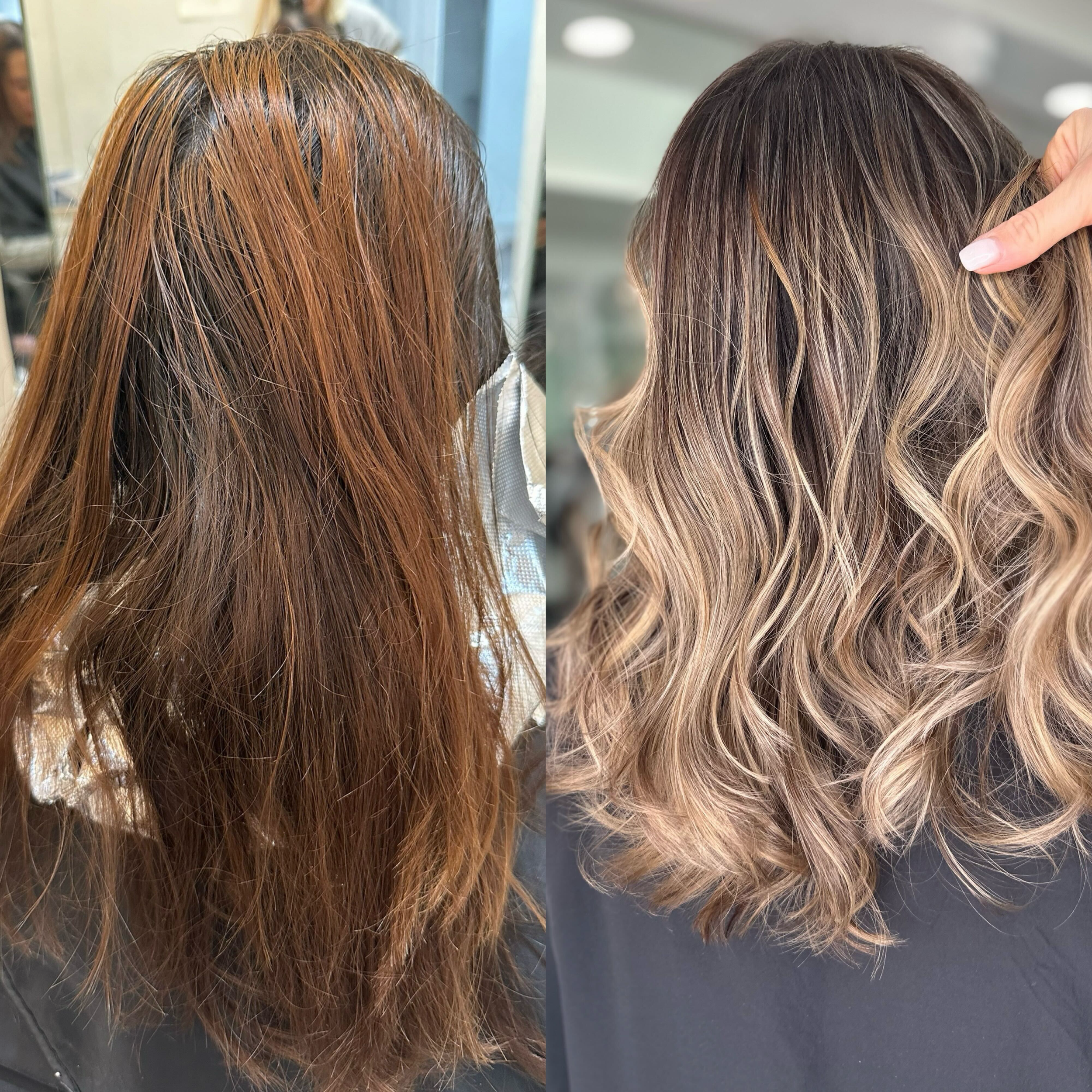 Color correction performed at Bellibone Salon in Bergen County, NJ. From brassy flat color to bright, blended, and lived-in balayage,