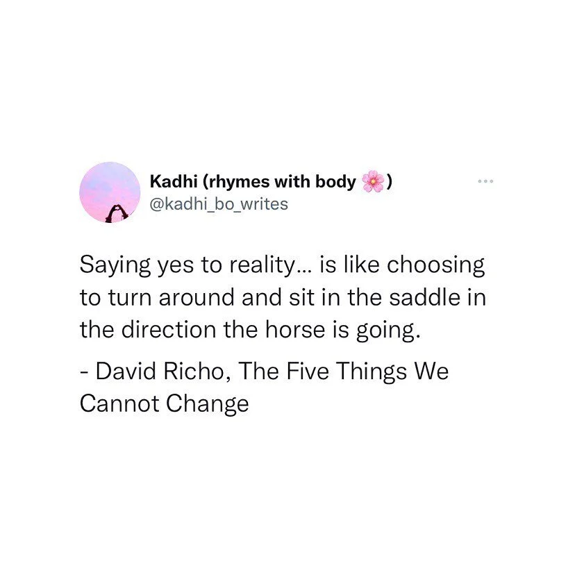 Reading this is a deep sighing yes in my body. More on this ☞︎☟︎ &ldquo;Control remains the opponent of a healthy and robust &ldquo;yes&rdquo; to reality as it is. It is not that we resent reality; we resent not being in control of it. If we look clo