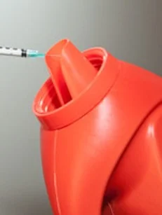 Personal biohazard disposal bin OK: Recycling hard plastic containers, like laundry detergent bottles, to use as a biobin also works! Please Avoid – breaking needle tips off the barrel, discarding syringes in public spaces.