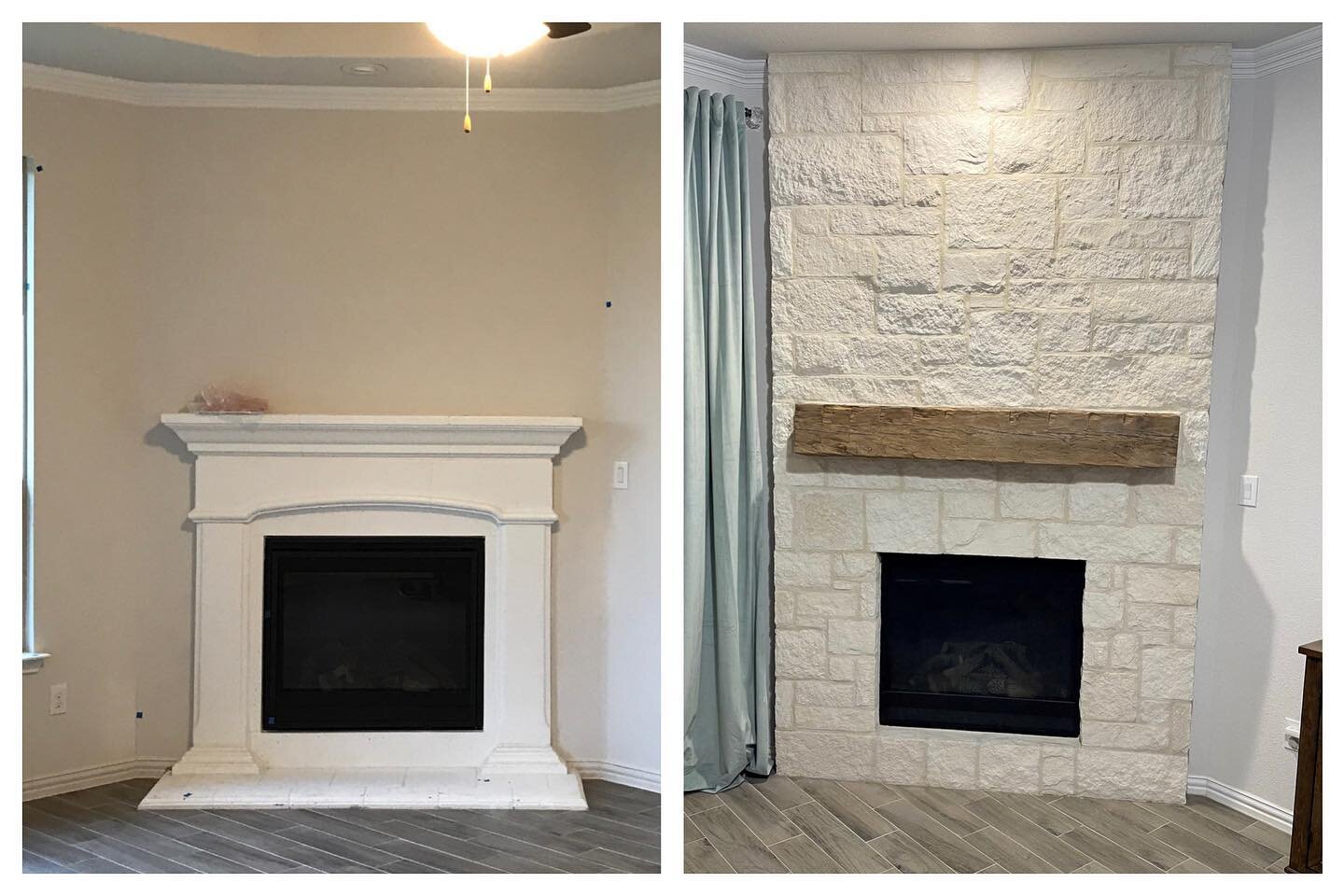 Fireplace Thursday! Make it a great day. Enjoy the before and after #timberframe #stonefireplace #austinstone #fireplace