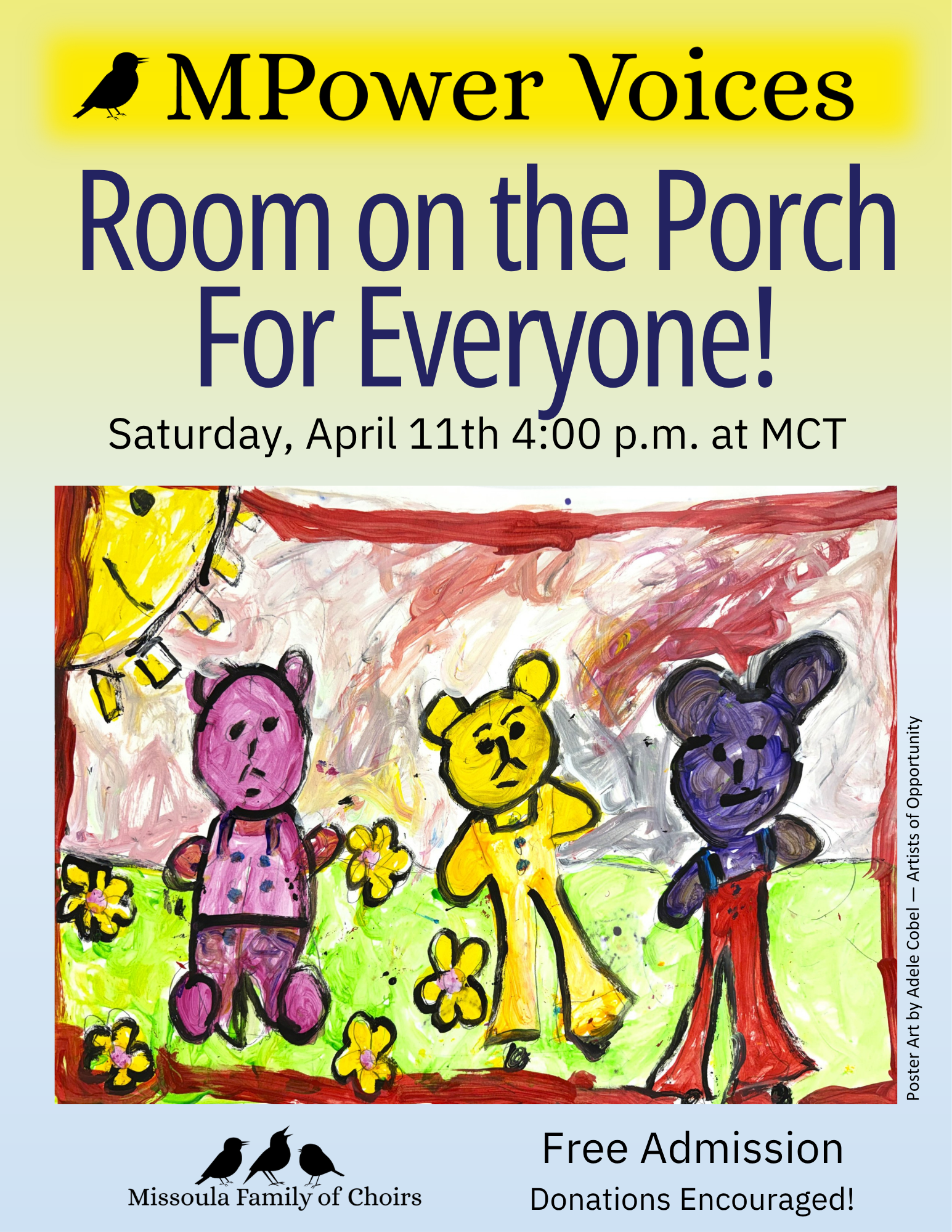 Poster for a holiday concert titled "MPower Voices," featuring a joyful all-abilities choir. The event is scheduled for 7:00 pm on Tuesday, December 17th at the ZACC, with free admission. The poster has a winter theme with snowmen, snow, and snowflake decorations, and illustrations of snowmen singing and playing music, with a dark, starry background.