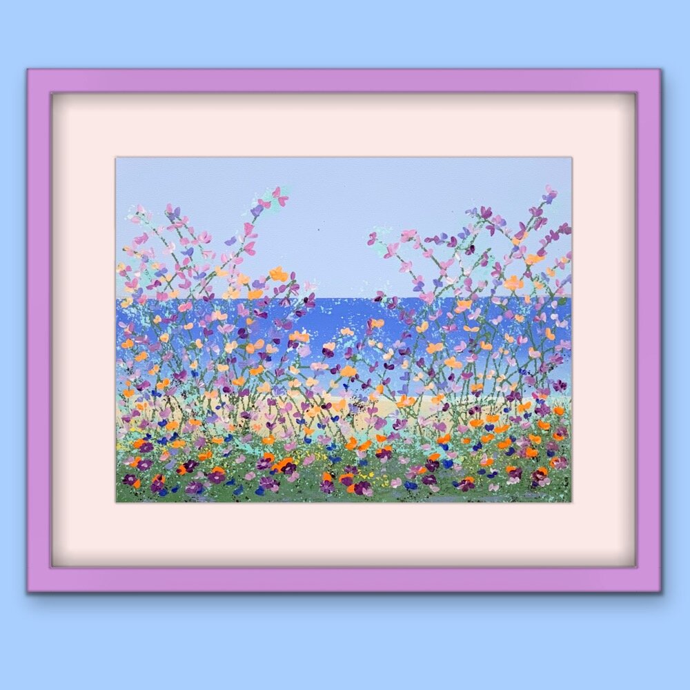 floral painting with light pink mat and pink frame on light blue wall