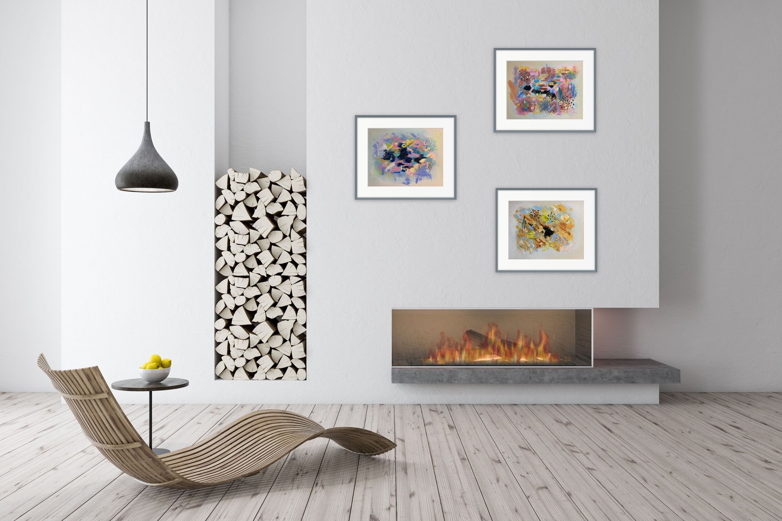 the gestural paintings over fireplace
