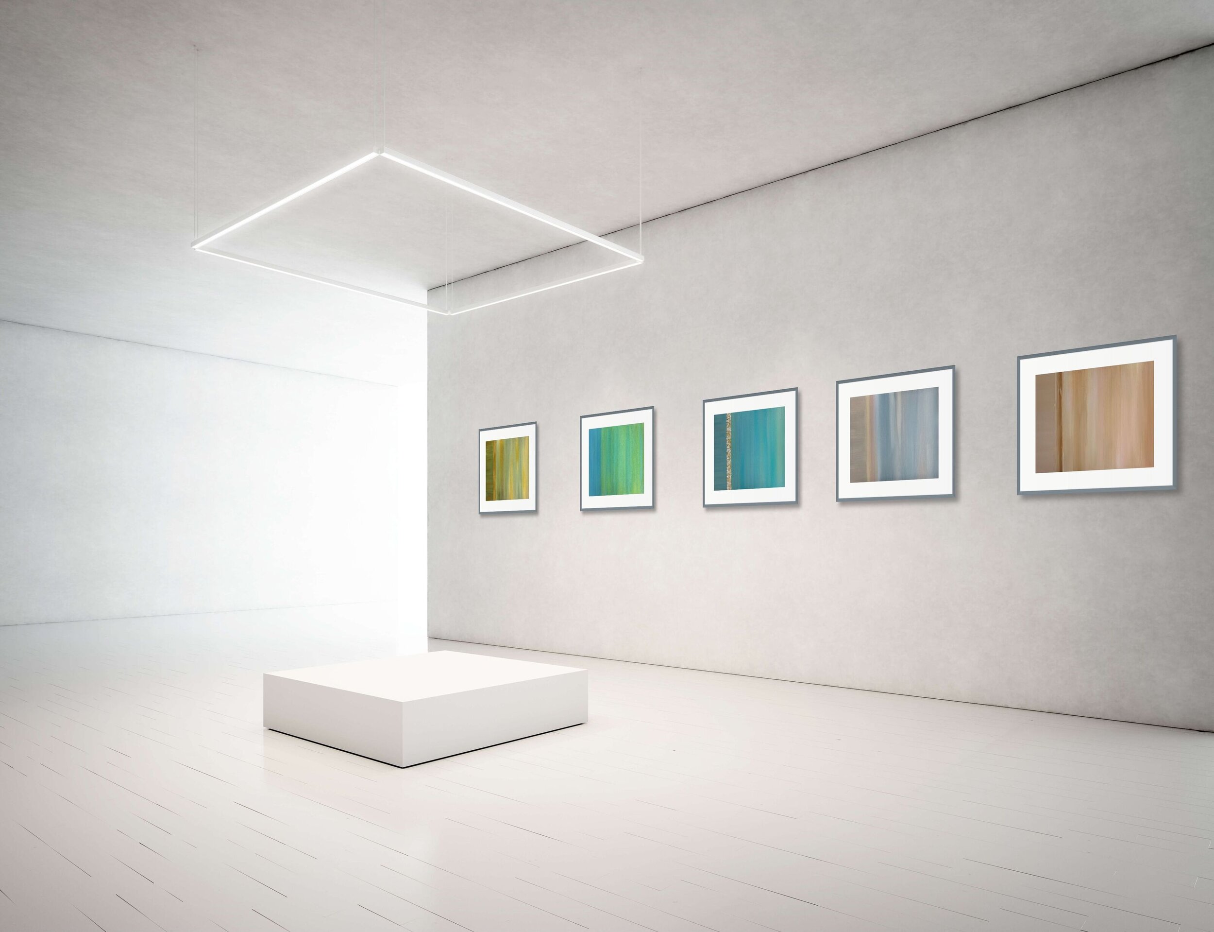 five minimalist paintings with pastel colors on gallery wall