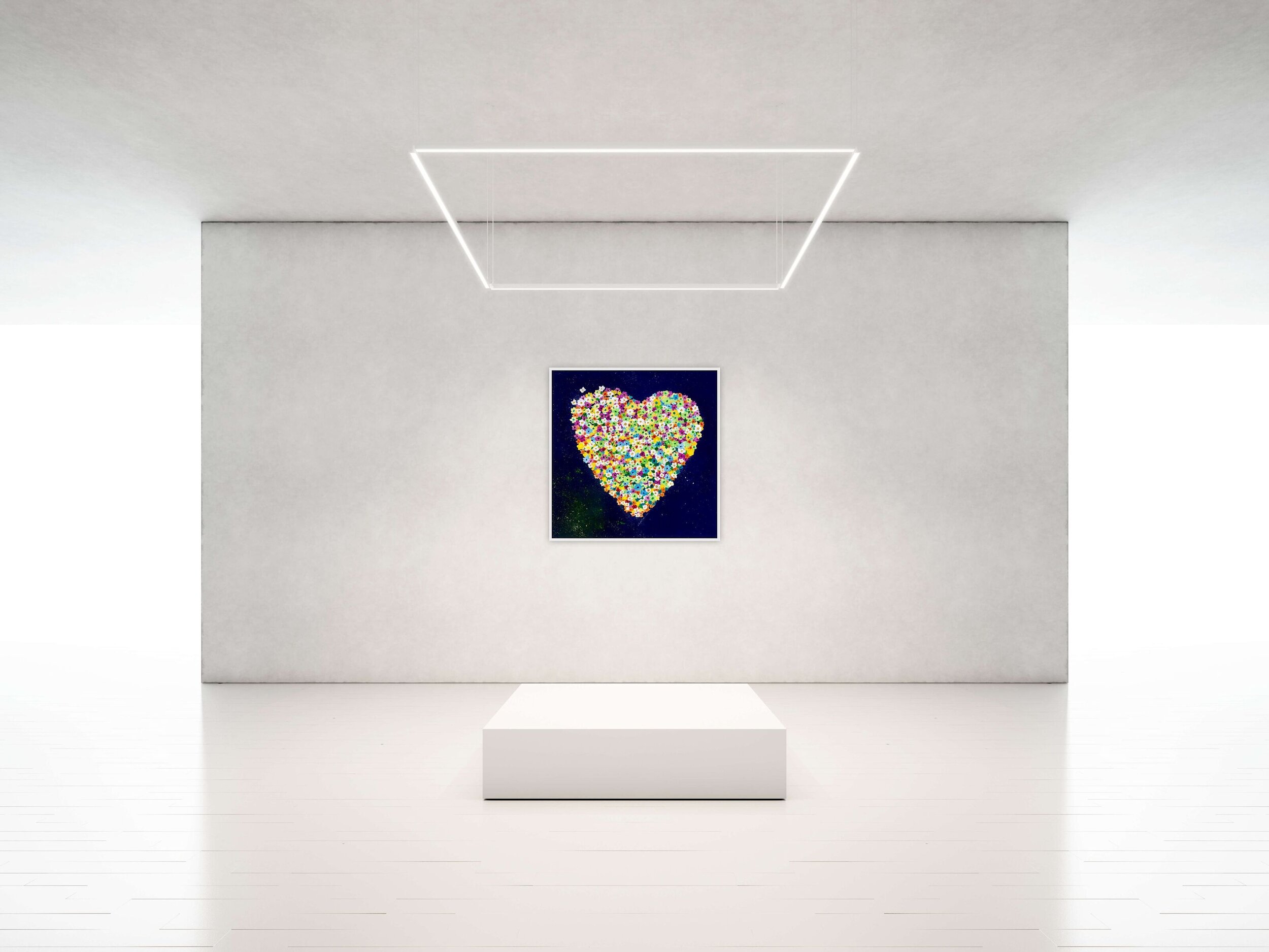 painting with dark blue background and large floral heart featured on gallery wall