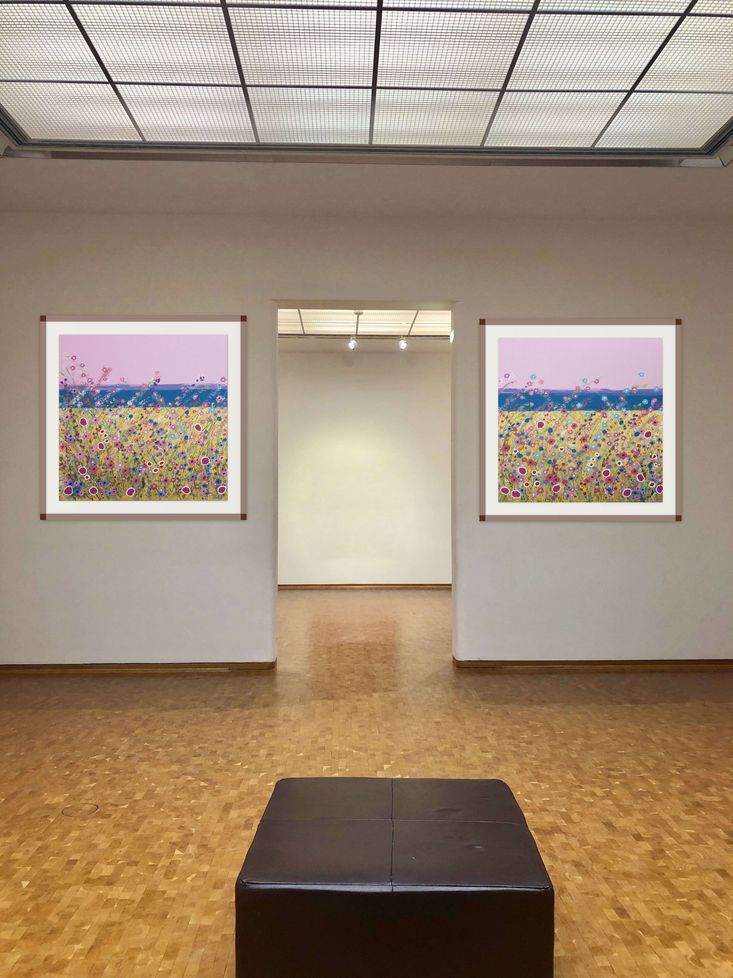 two lakeside floral whimsical painting on gallery wall