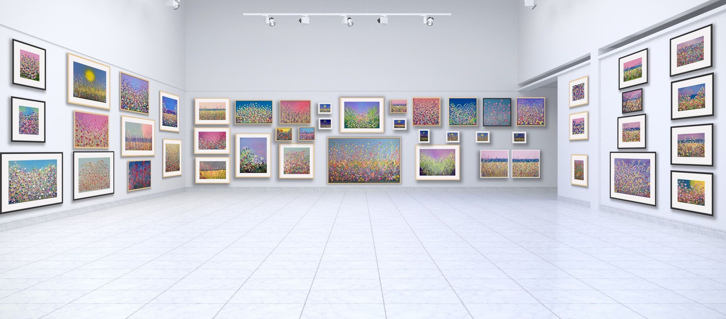 floral paintings on three gallery walls