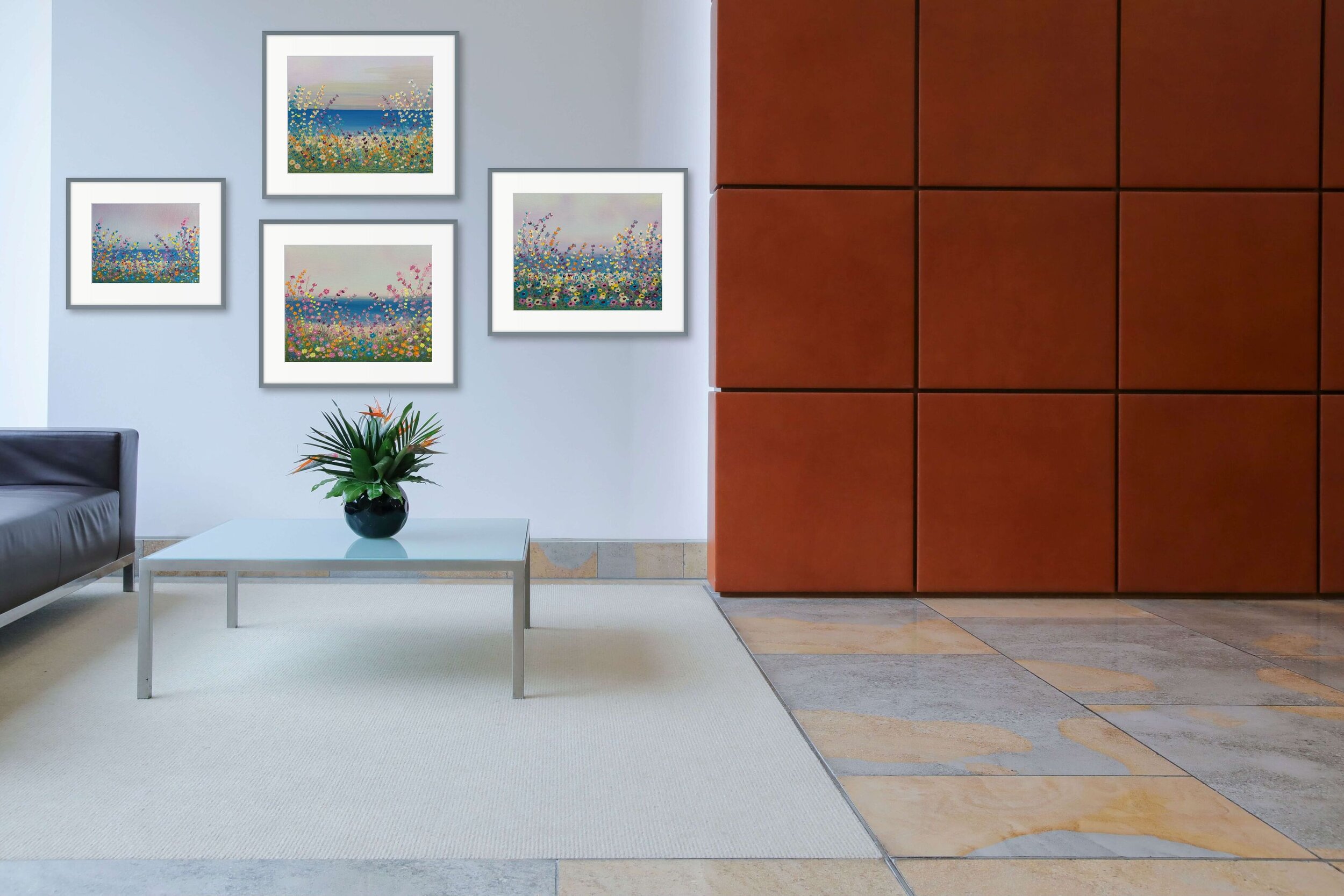 four lakeside floral paintings on lobby wall