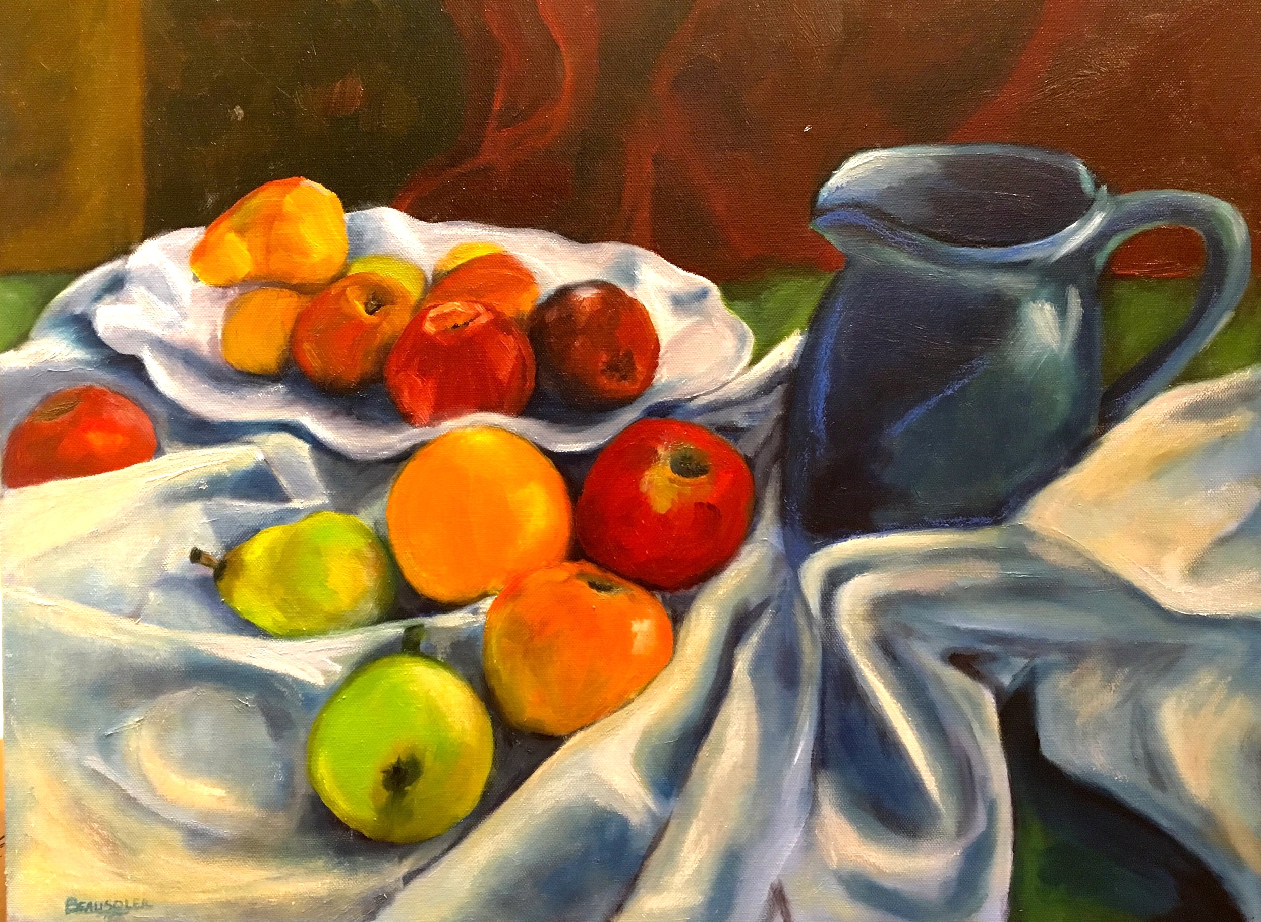 Fruit with cloth and Blue pitcher, 2017