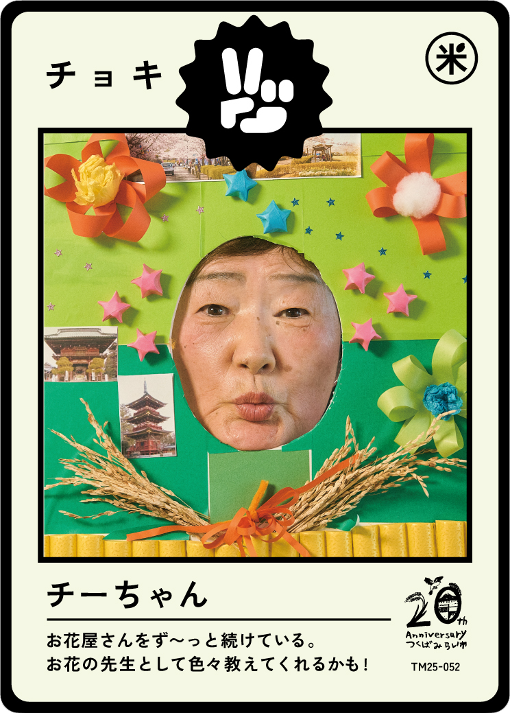 A person’s face behind a colorful, decorated cutout with flowers, stars, photos of traditional structures, and rice stalks on green paper, resembling a playful photo booth picture celebrating a 20th anniversary.