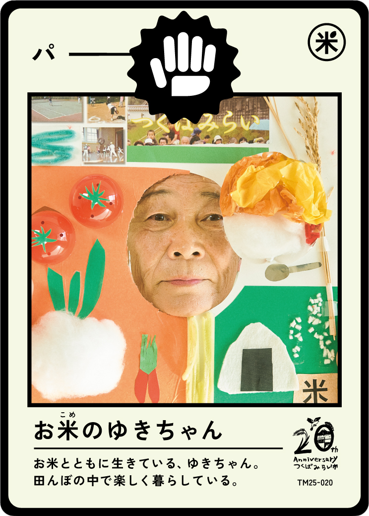 A handmade craft depicting a rice character with a human face, surrounded by paper vegetables and rice-themed decorations, celebrating a 20th anniversary.