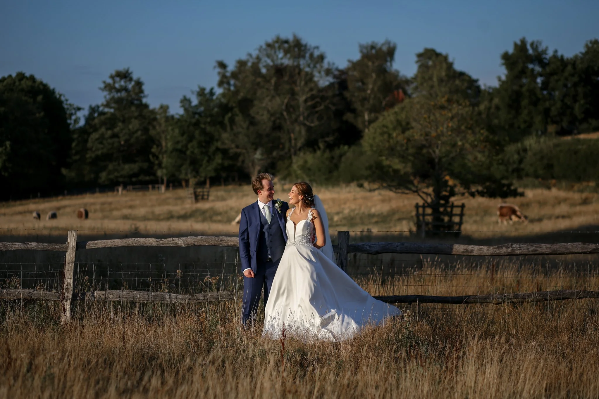 A bride and groom standing outdoors in a rural setting, smiling at each other, with trees and grazing cows in the background during late daylight.