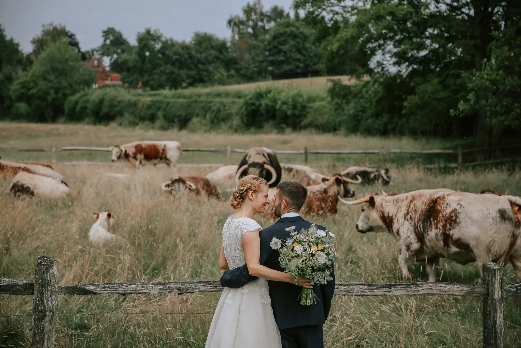A bride and groom stand close together in a field surrounded by cows, with trees and a fence in the background, during a wedding ceremony.