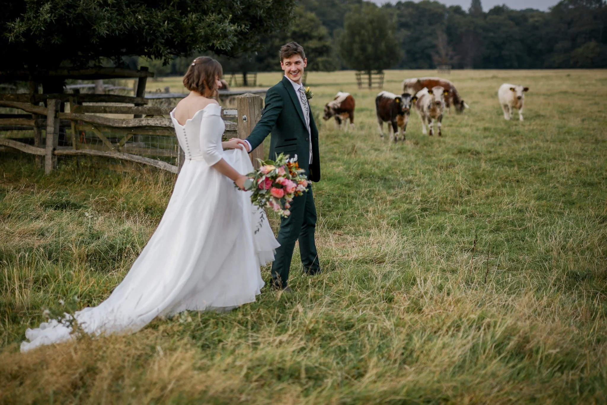 A man in a suit and a woman in a white wedding dress holding hands, walking through a grassy field with cows in the background.