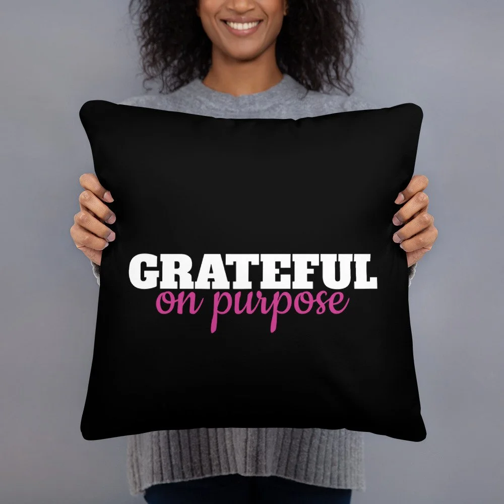 Grateful on Purpose Throw Pillow - Black/Colorful Butterflies