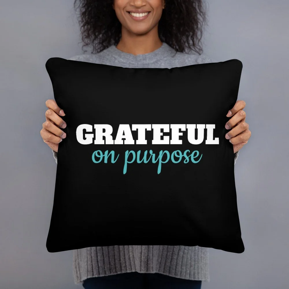 Grateful on Purpose Throw Pillow - Black/Teal Butterflies