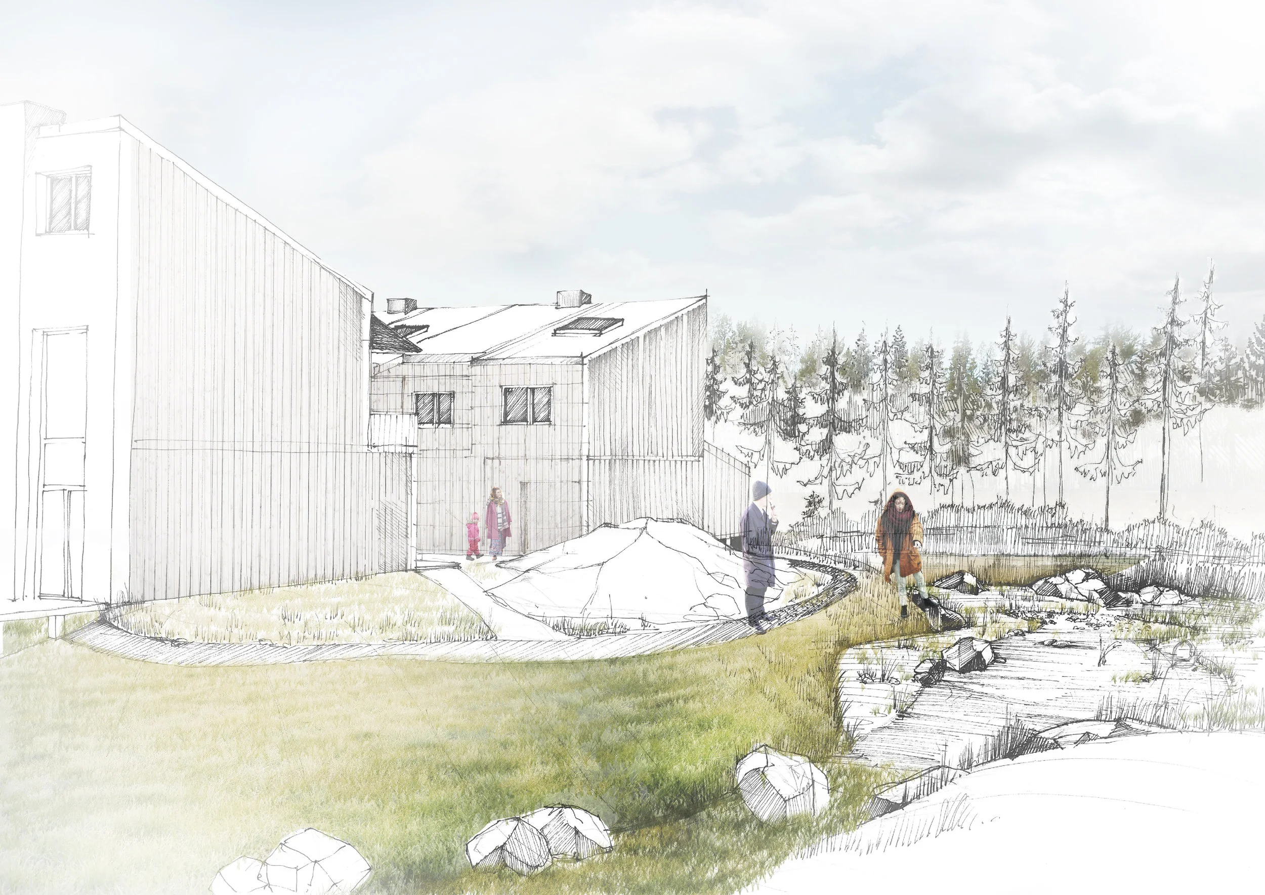 Vy över snöupplaget i förlängningen av gata med den nedanförliggande torrdammen