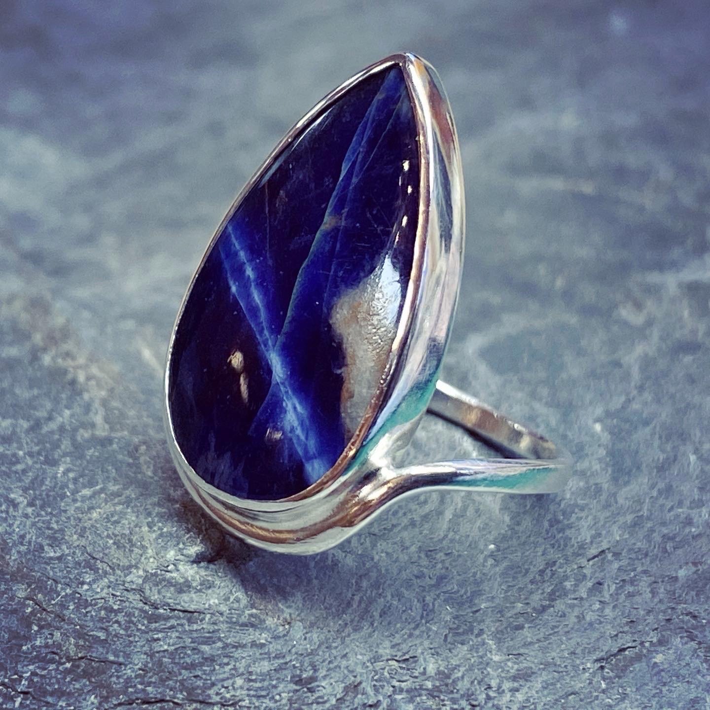 Sodalite teardrop sterling silver ring