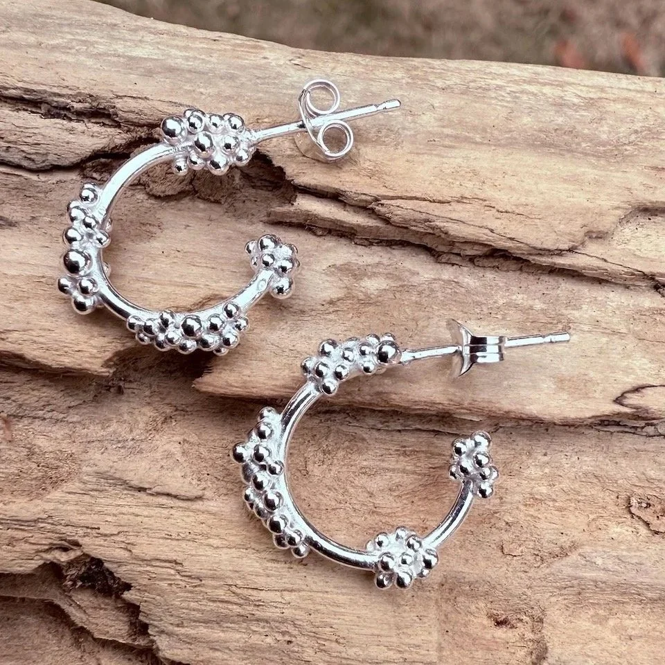 sterling silver granulated hoop earrings with fine silver beads - dew collection - Natalia Shoutova - Lightwave Jewellery