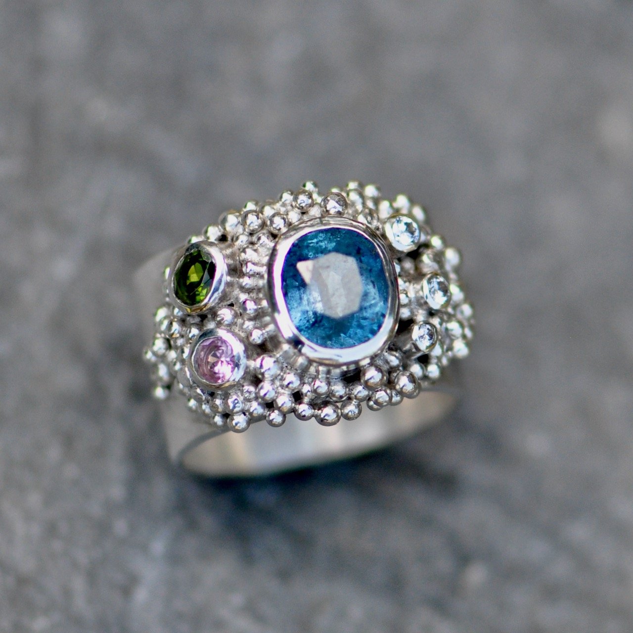 Aquamarine, Diamond and Tourmaline Granulated Ring