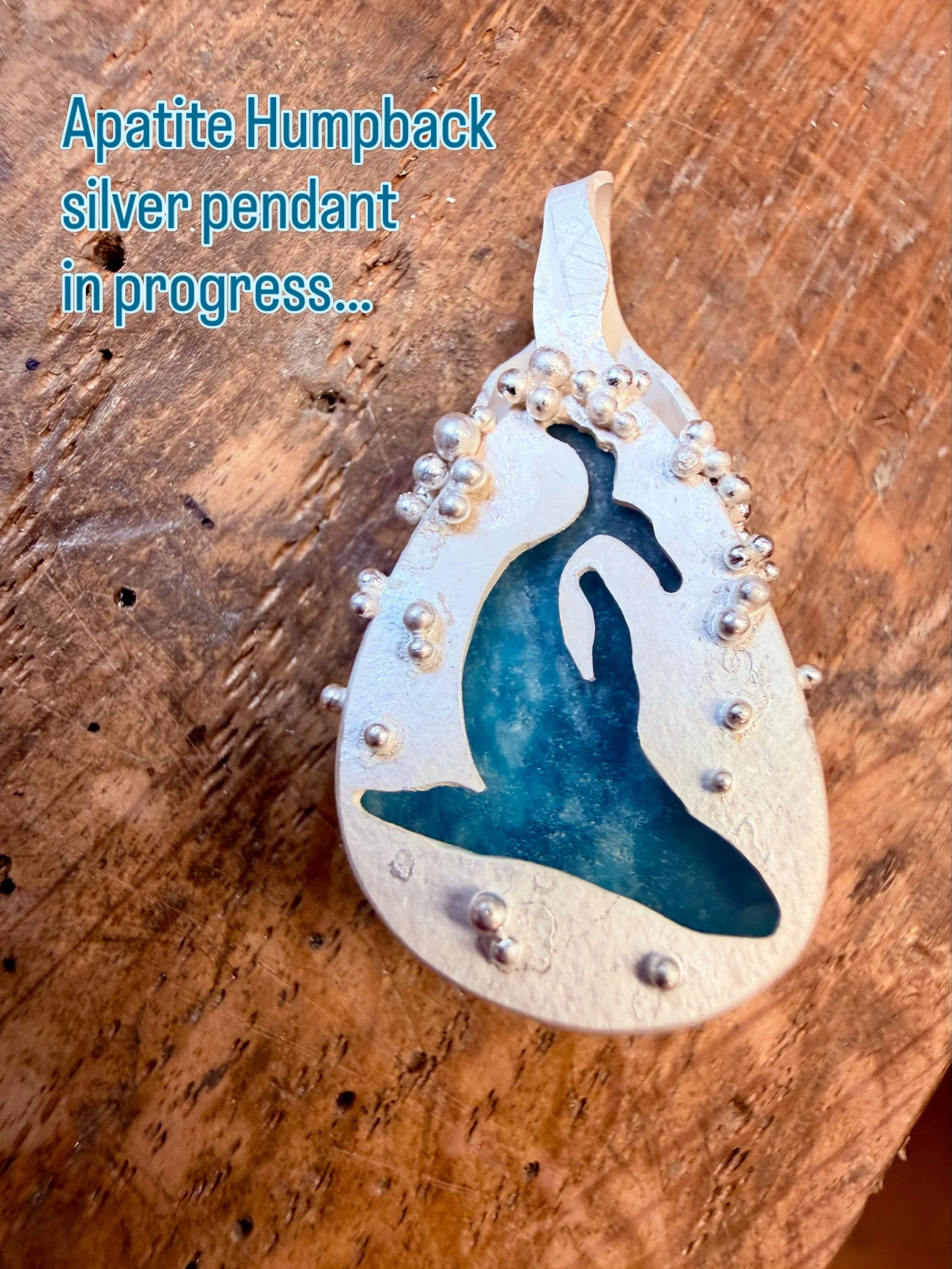 I don&rsquo;t usually post photos of work in progress, but I love how this freshly pickled white silver looks against the blue apatite stone. Next stage setting the stone and polishing&hellip; #humpback #whalejewellery #apatite