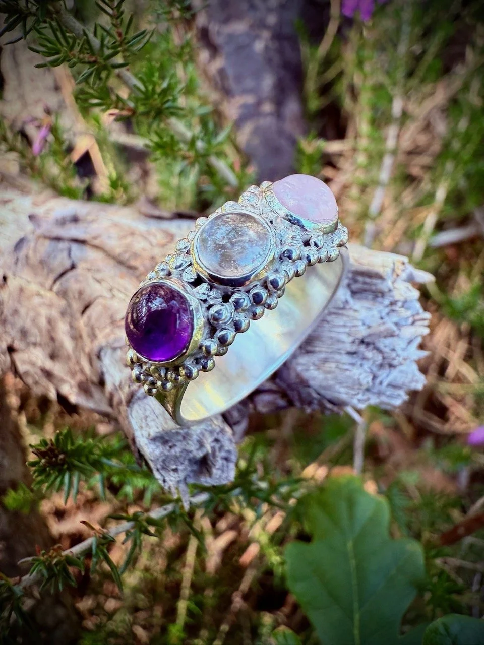 Amethyst, Rose and Crystal Quartz Silver Ring