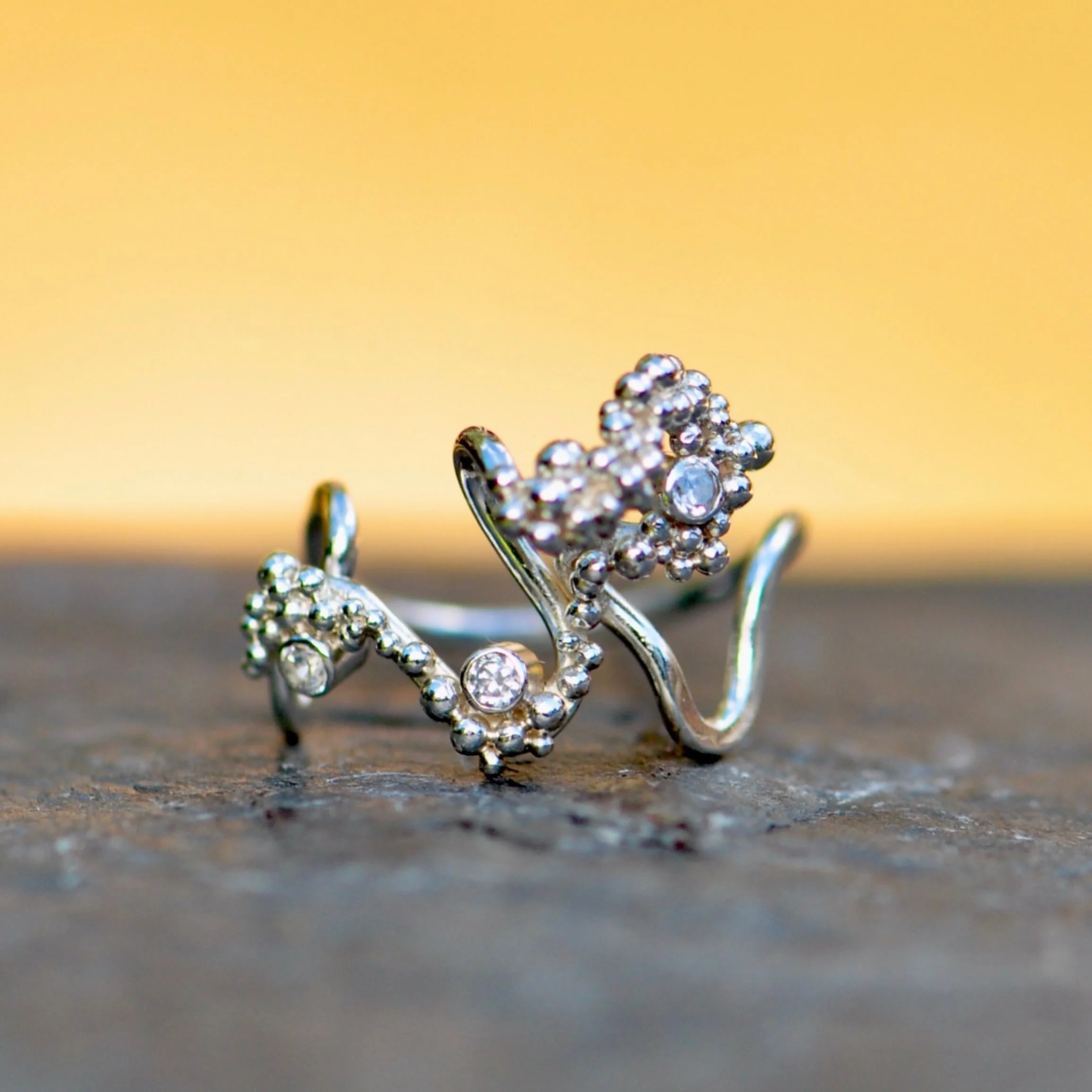 One of my favourite rings has found a lovely home today. I only ever made one of these, forming each curve by hand and soldering the granules one by one, texturing the band and setting the three gemstones. It&rsquo;s always wonderful when others appr