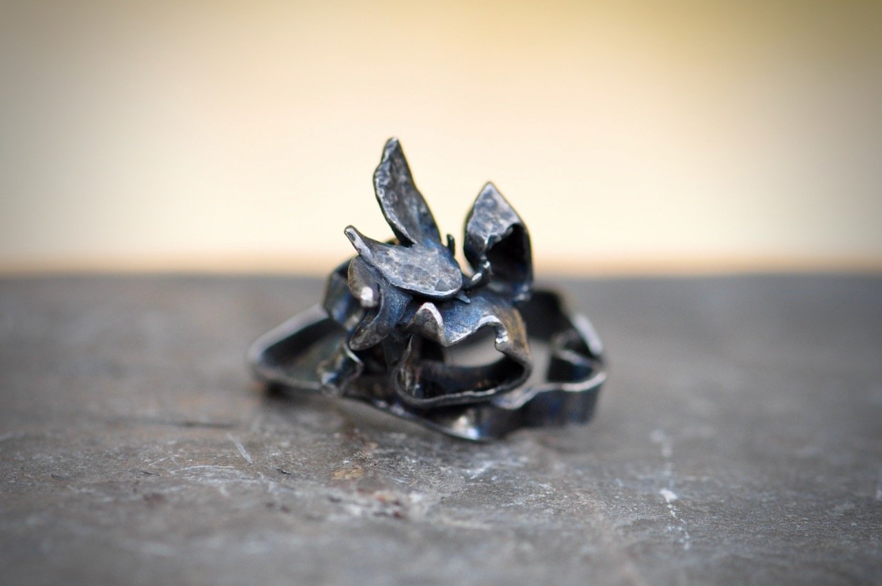 Patinated sterling silver plumage ring