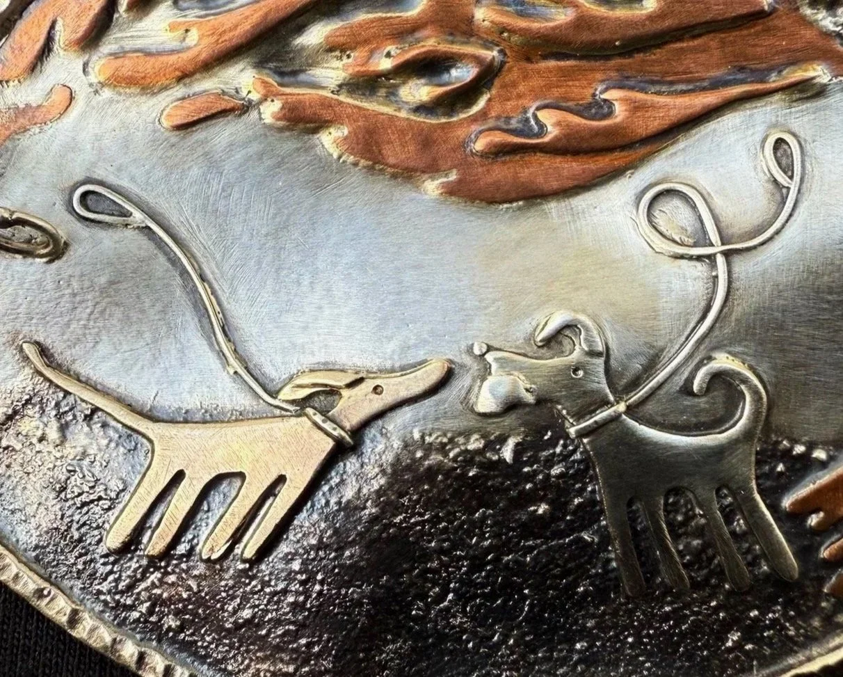 On A Windy Day Dog Brooch or Pendant. A large 9ct yellow gold, sterling silver and copper brooch or pendant Natalia Shoutova handmade jewellery lightwave jewellery new forest jewellery courses