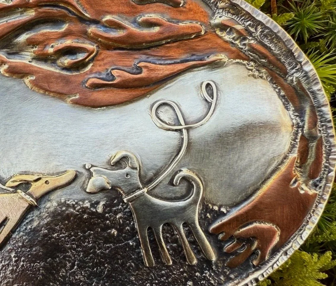 On A Windy Day Dog Brooch or Pendant. A large 9ct yellow gold, sterling silver and copper brooch or pendant Natalia Shoutova handmade jewellery lightwave jewellery new forest jewellery courses