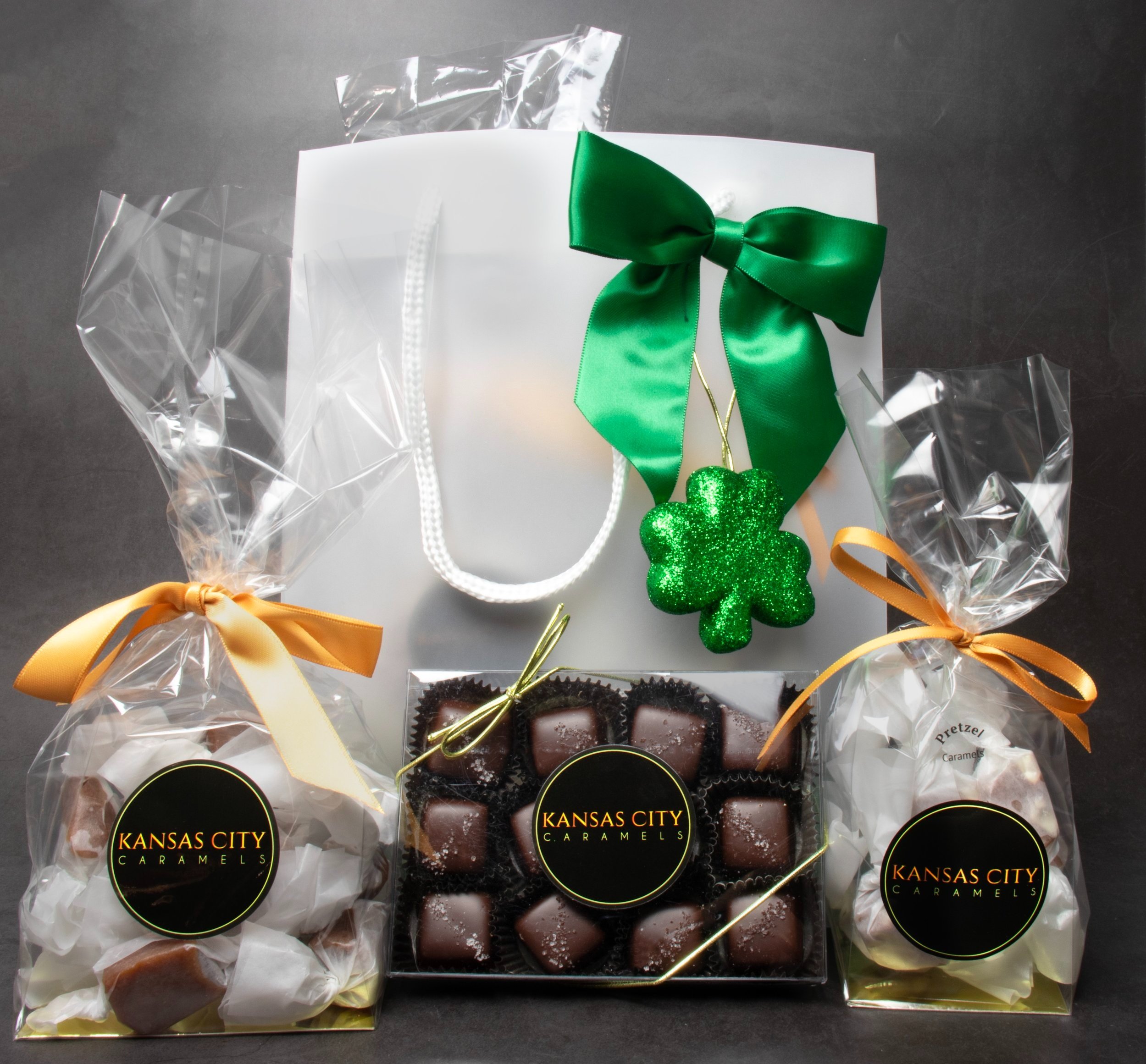 Saint Patrick's Day Gift Bag with Caramels Dipped in Dark Chocolate with Sea Salt