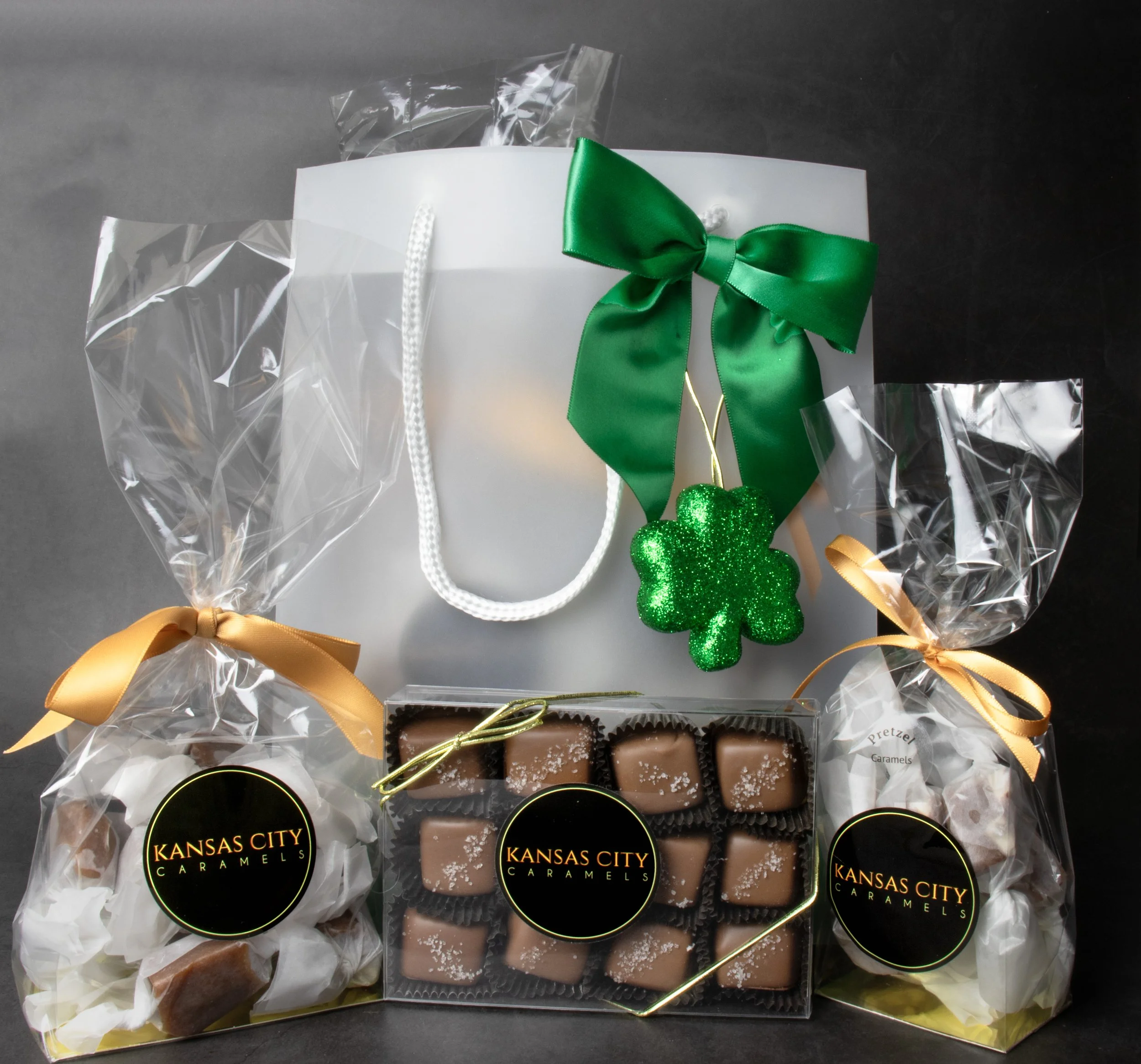 Saint Patrick's Day Gift Bags with Caramels dipped in Milk Chocolate with Sea Salt