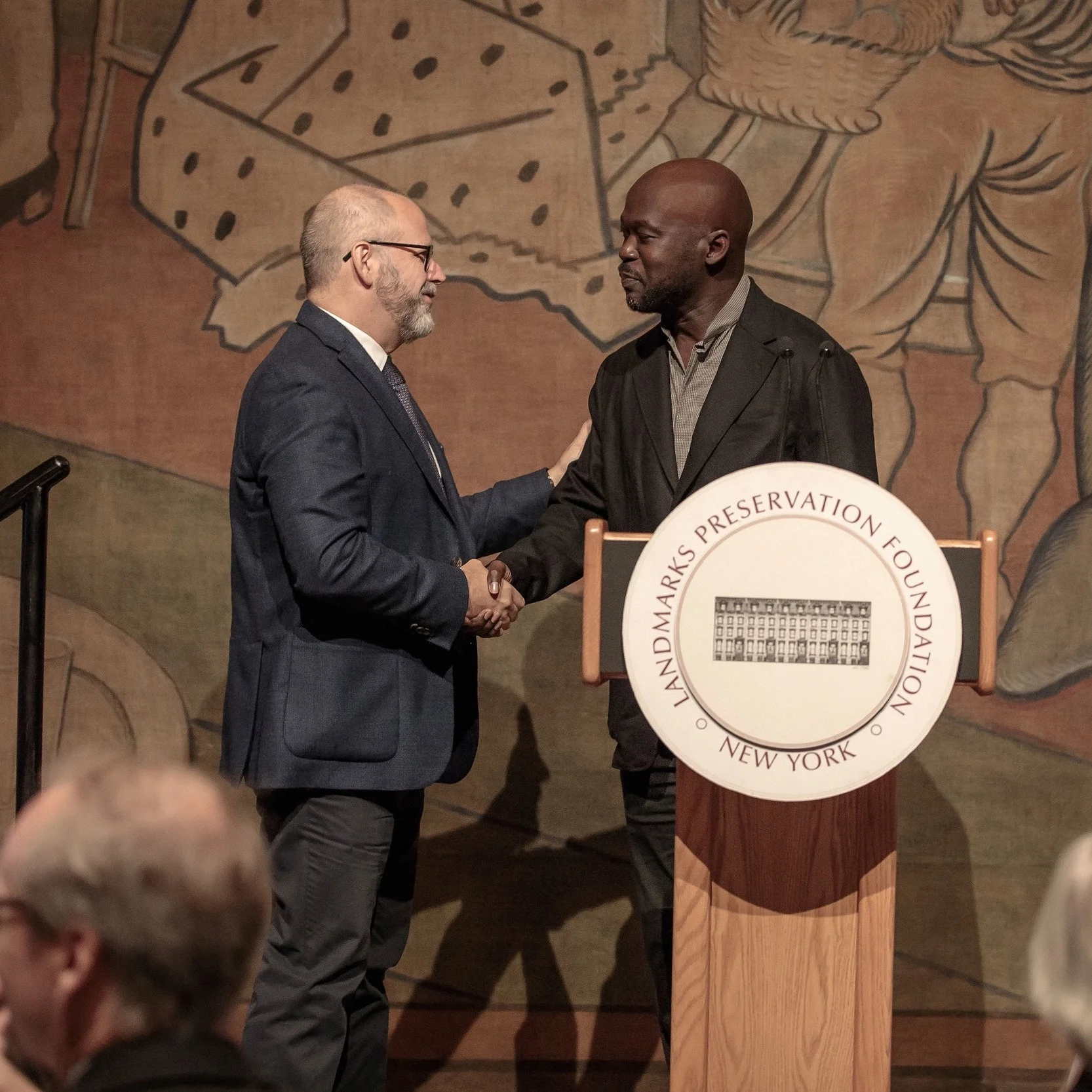 Left: Basil E. Walter. AIA, Chair , New York Landmarks Preservation Foundation Right: Sir David Adjaye OBE RA, Architects/Director , Adjaye Associates , Speaker & Guest of Honor at the 2018 Lunch at a Landmark held at the New-York Historical Society