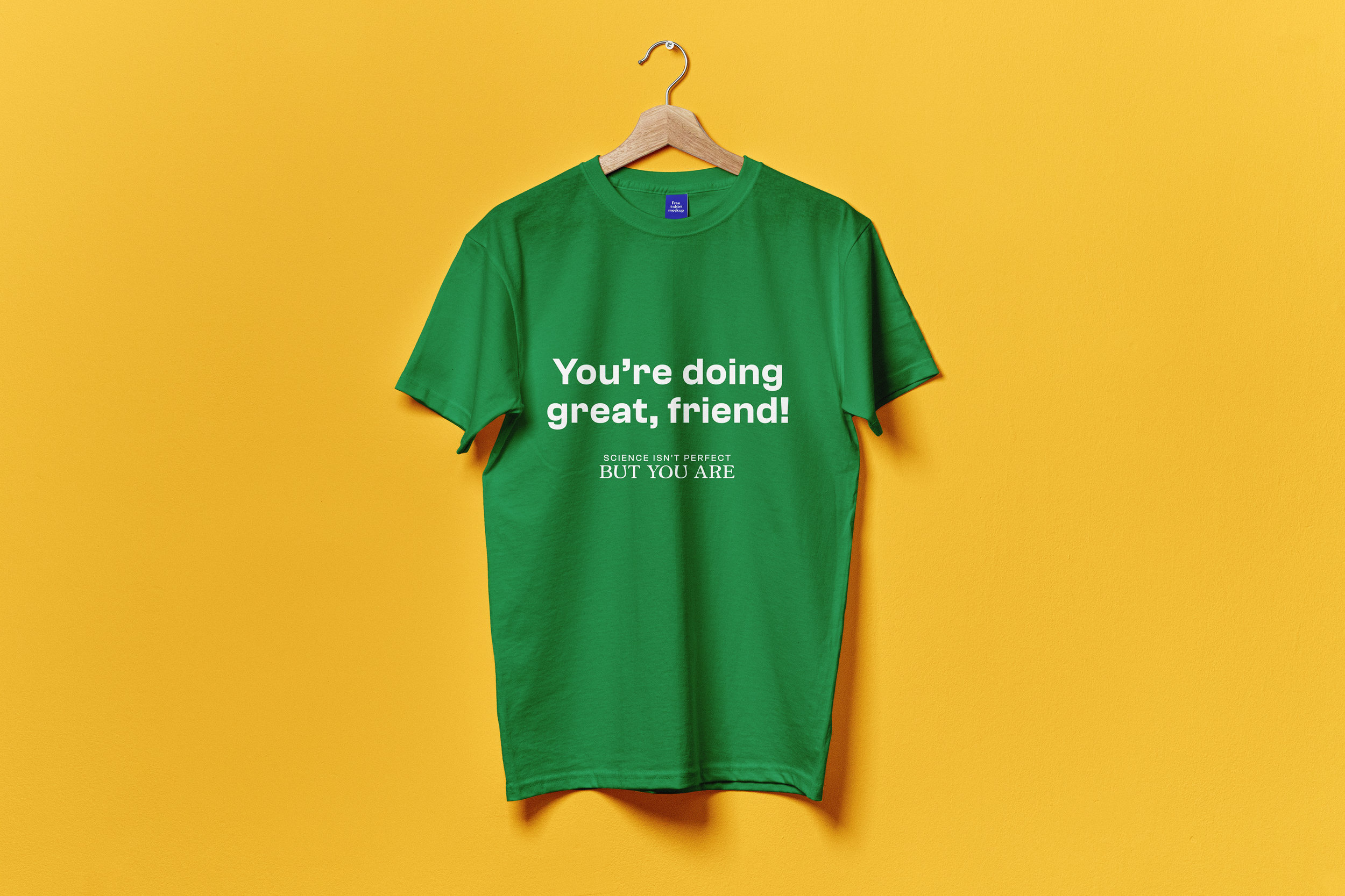 Mockup of a t-shirt on a hanger, with the phrase, "you're doing great, friend!" on the front, followed by a version of the brand's logo just underneath.