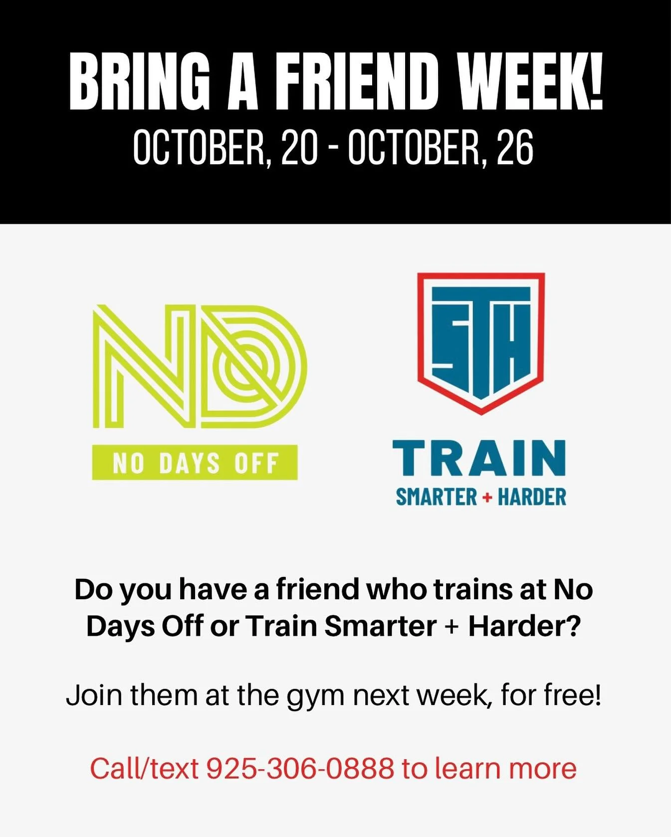 It’s BRING A FRIEND WEEK next week! If you’ve been thinking about trying out @nodaysoffbrentwood or @trainsmarterandharder this is a great way to start 👯‍♀️
How it works:
👉 Reach out to your friend who trains at No Days Off or Trai