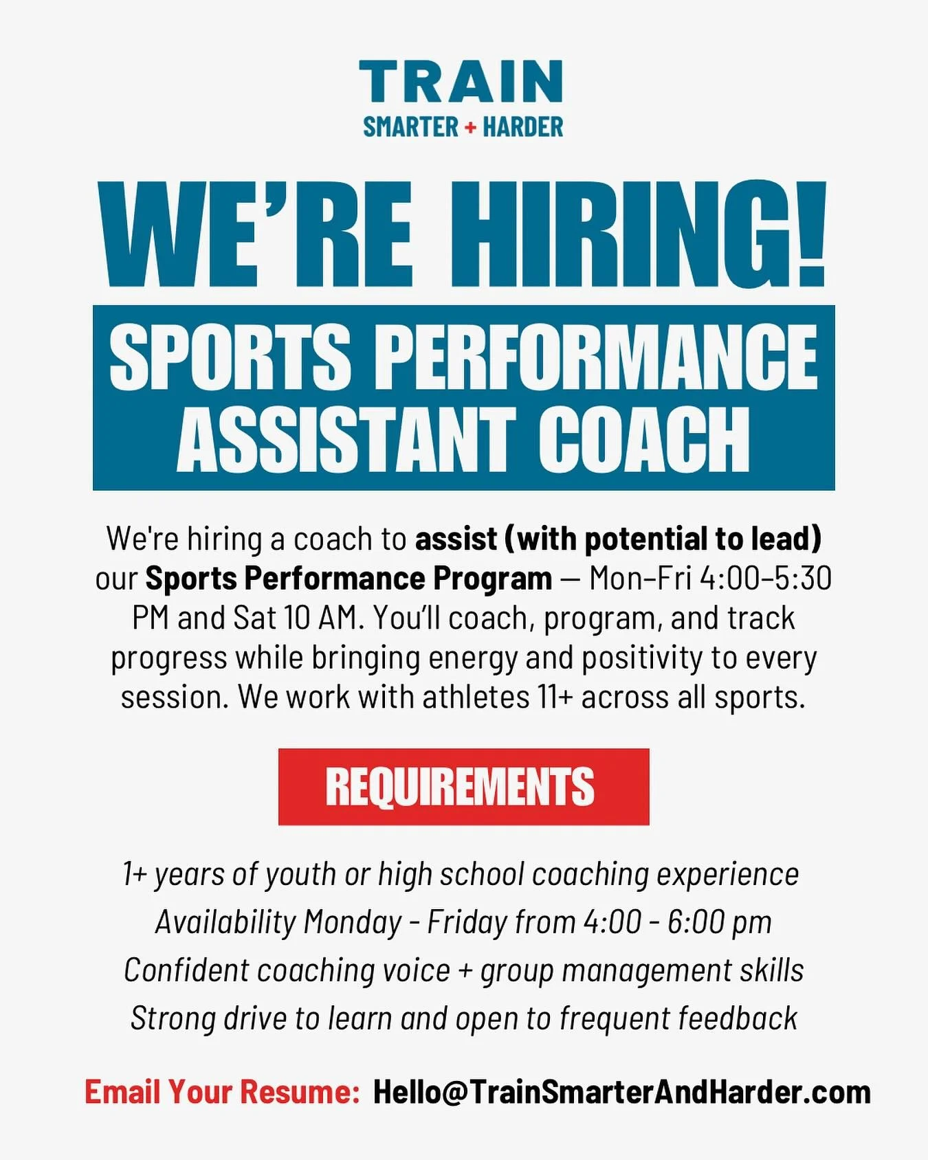 We&rsquo;re in the market for a coach to assist (and then potentially lead) our Sports Performance Program &mdash; Monday &ndash; Friday from 4:00-5:30 PM and Saturday at 10 AM.

You&rsquo;ll coach, program, and track progress while bringing energy a