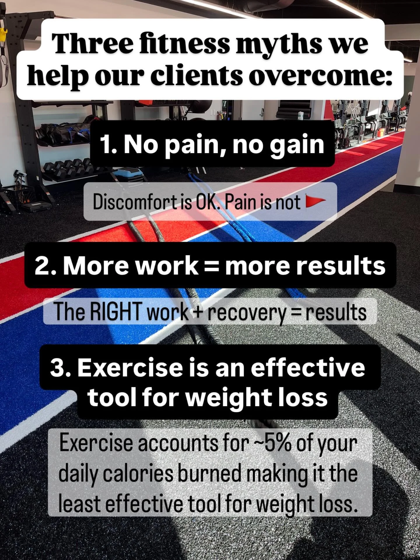 These fitness myths will keep you stuck, and tired! If you&rsquo;re ready for a different fitness experience, come try our $99 2-week trial. You get 4 small group personal training sessions and unlimited access to our shared 24/7 gym @nodaysoffbrentw