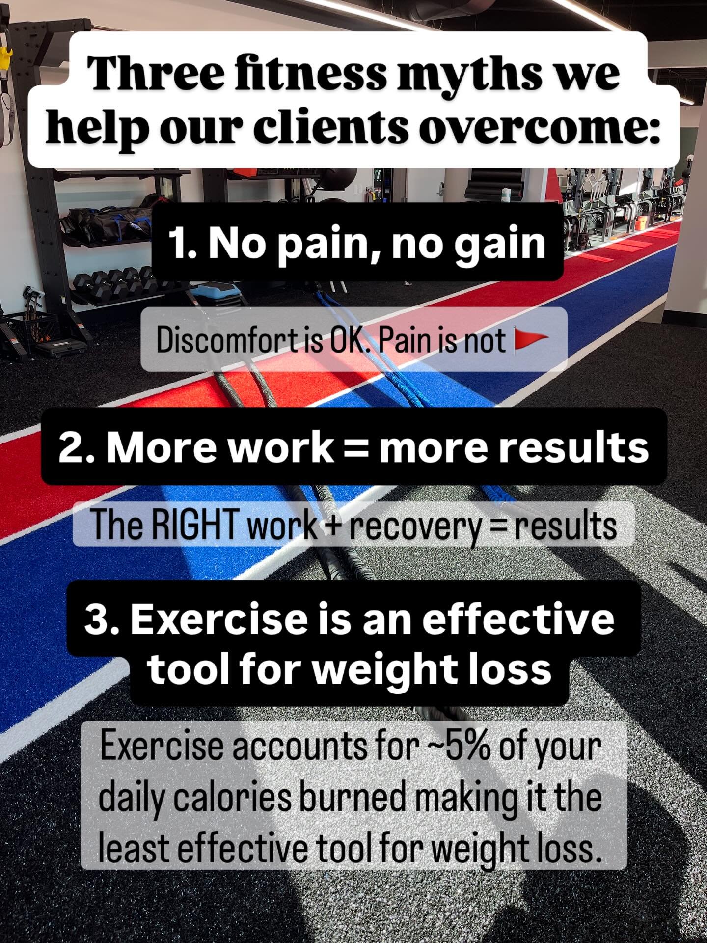 These fitness myths will keep you stuck, and tired! If you&rsquo;re ready for a different fitness experience, come try our $99 2-week trial. You get 4 small group personal training sessions and unlimited access to our shared 24/7 gym @nodaysoffbrentw