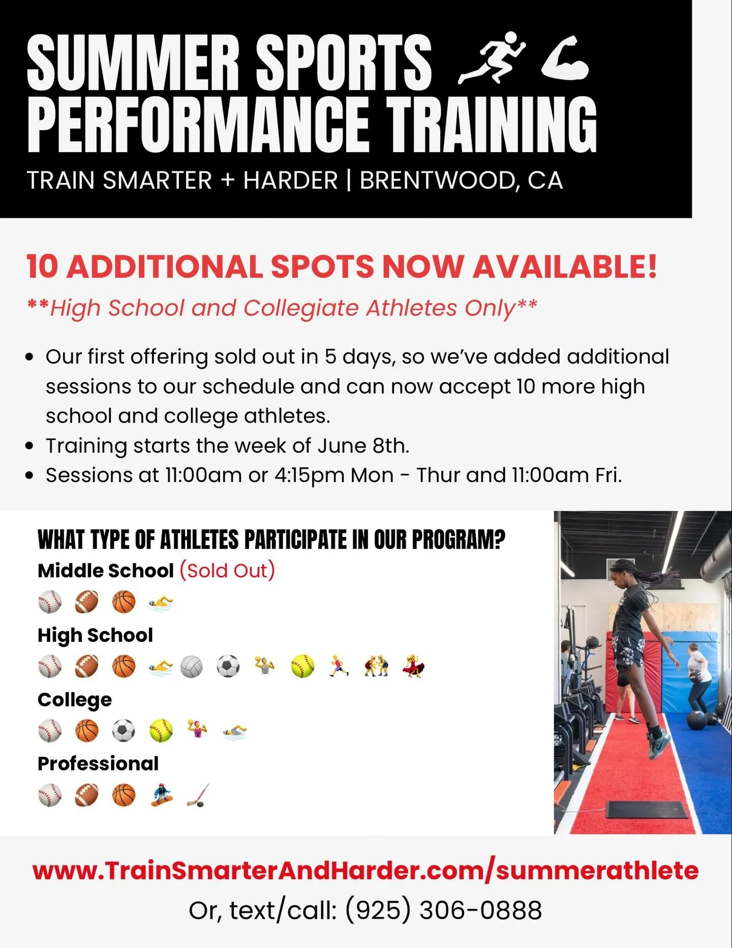 We just opened 10 additional spots for high school and college athletes (ages 14+)💥 Our first offering sold out in 5 days, so we&rsquo;ve added more sessions to our Summer schedule to accommodate more athletes!

Our middle school Summer program (age