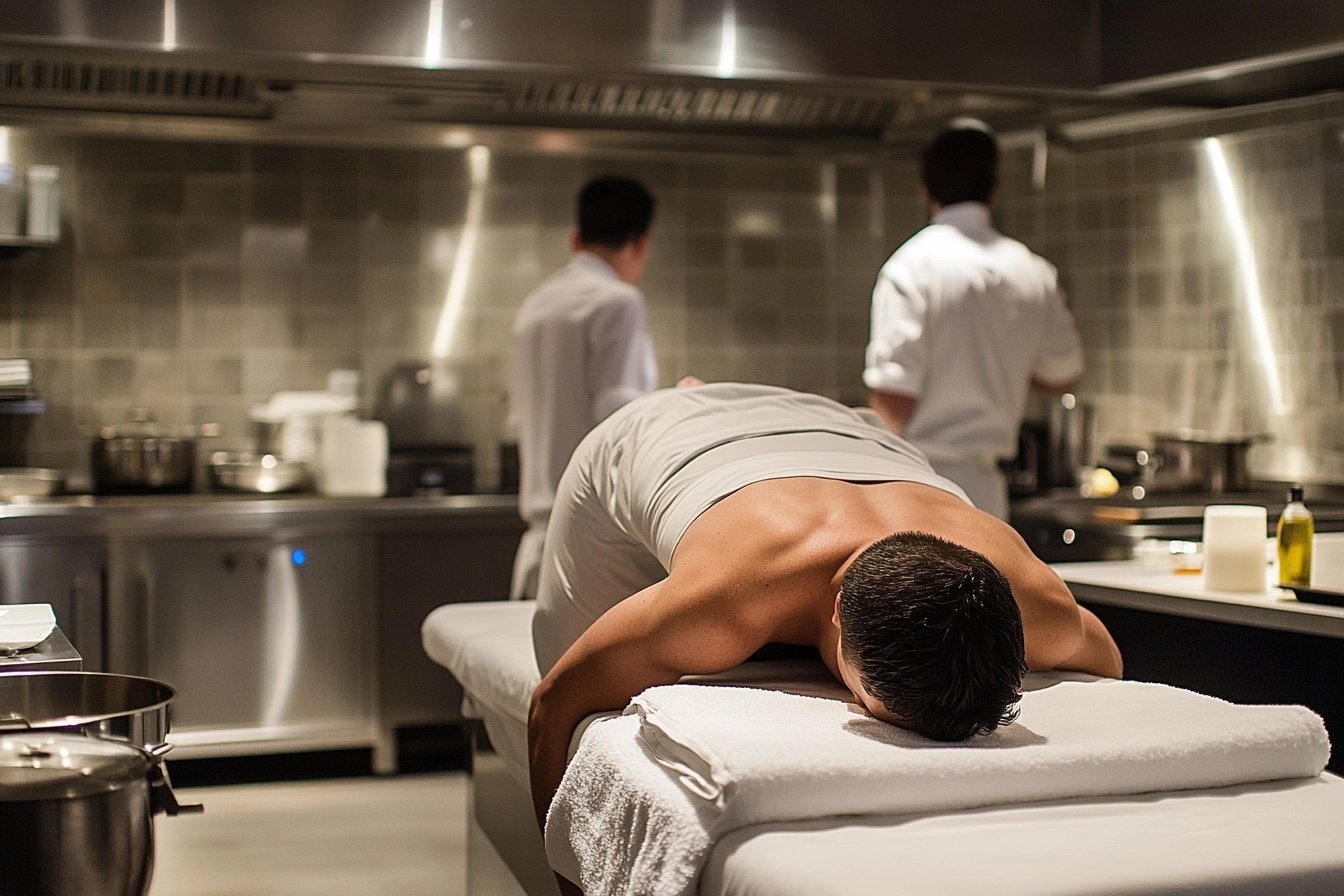 image of a man relaxing on a massage table inside a restaurant kitchen